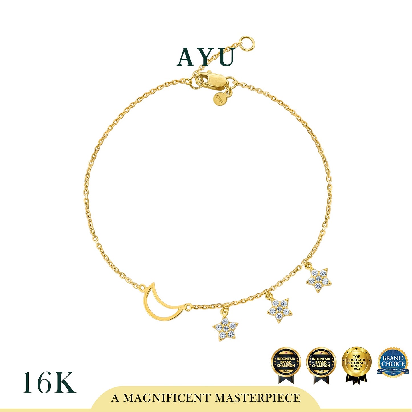 AYU Gelang Emas - Crescent Moon And Stars Chain Bracelet 16k Yellow Gold