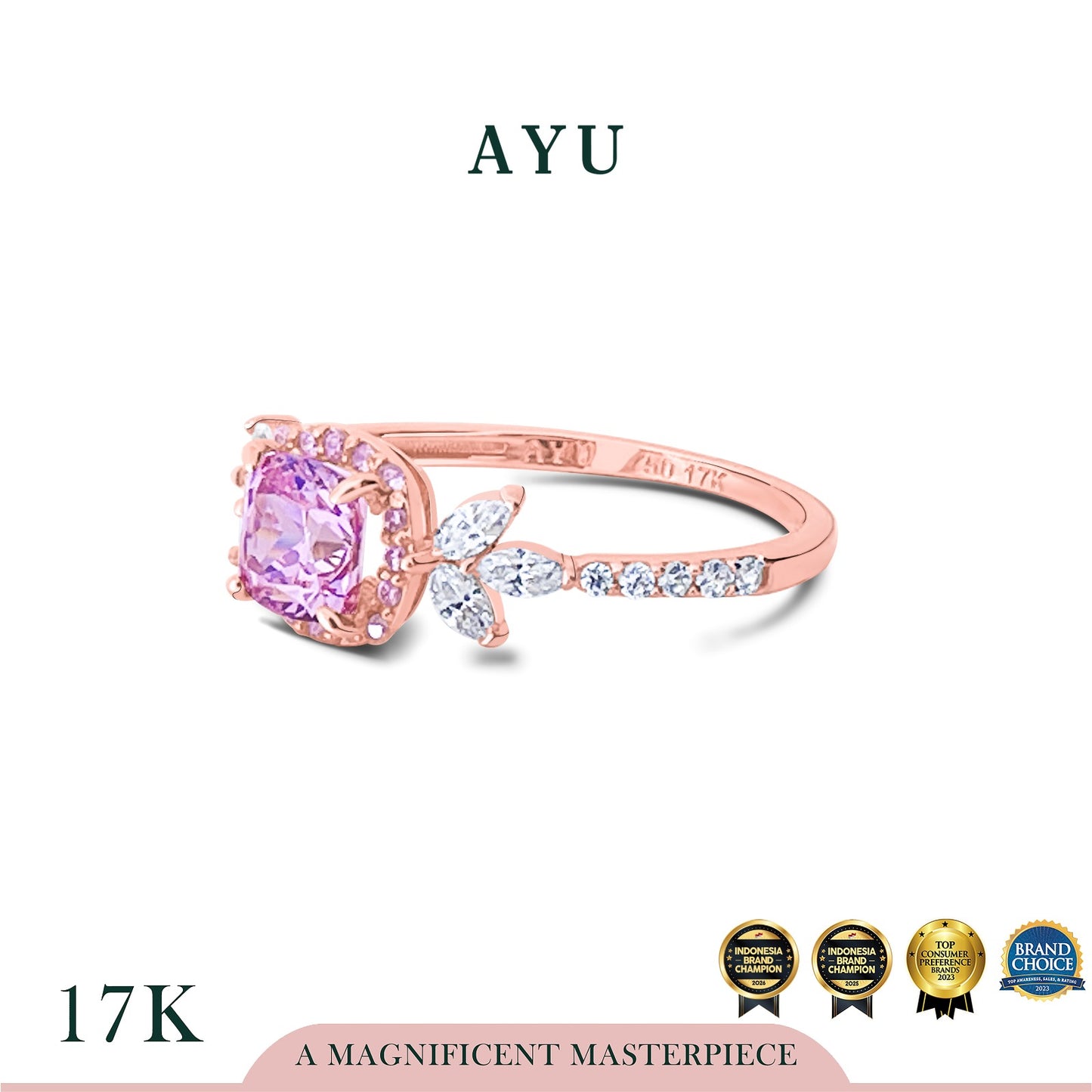 AYU Cincin Emas - Cushion Halo Angel Vine Everbloom Solitaire 17k Rose Gold