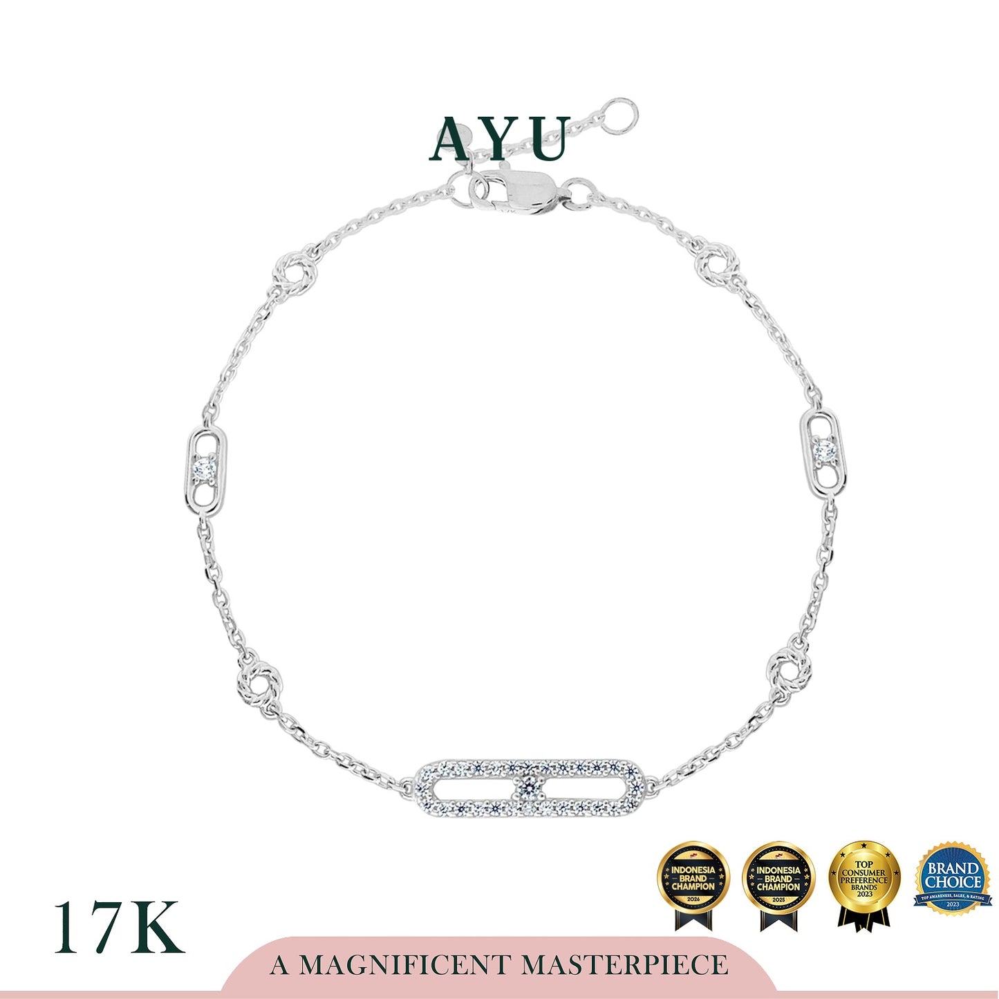AYU Gelang Emas - Elongated Pave Oval Link Chain Bracelet 17k White Gold