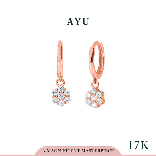 AYU Anting Emas - Gold Doughnut With Pave Flower Earrings 17K Rose Gold