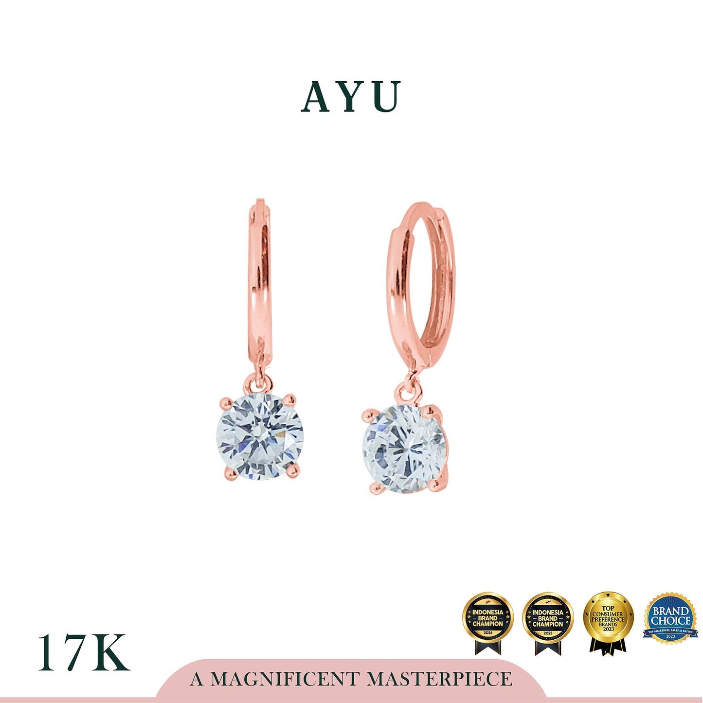 AYU Anting Emas Jepit - Gold Doughnut With Dangle 4 Prong Round Solitaire 17K Rose Gold