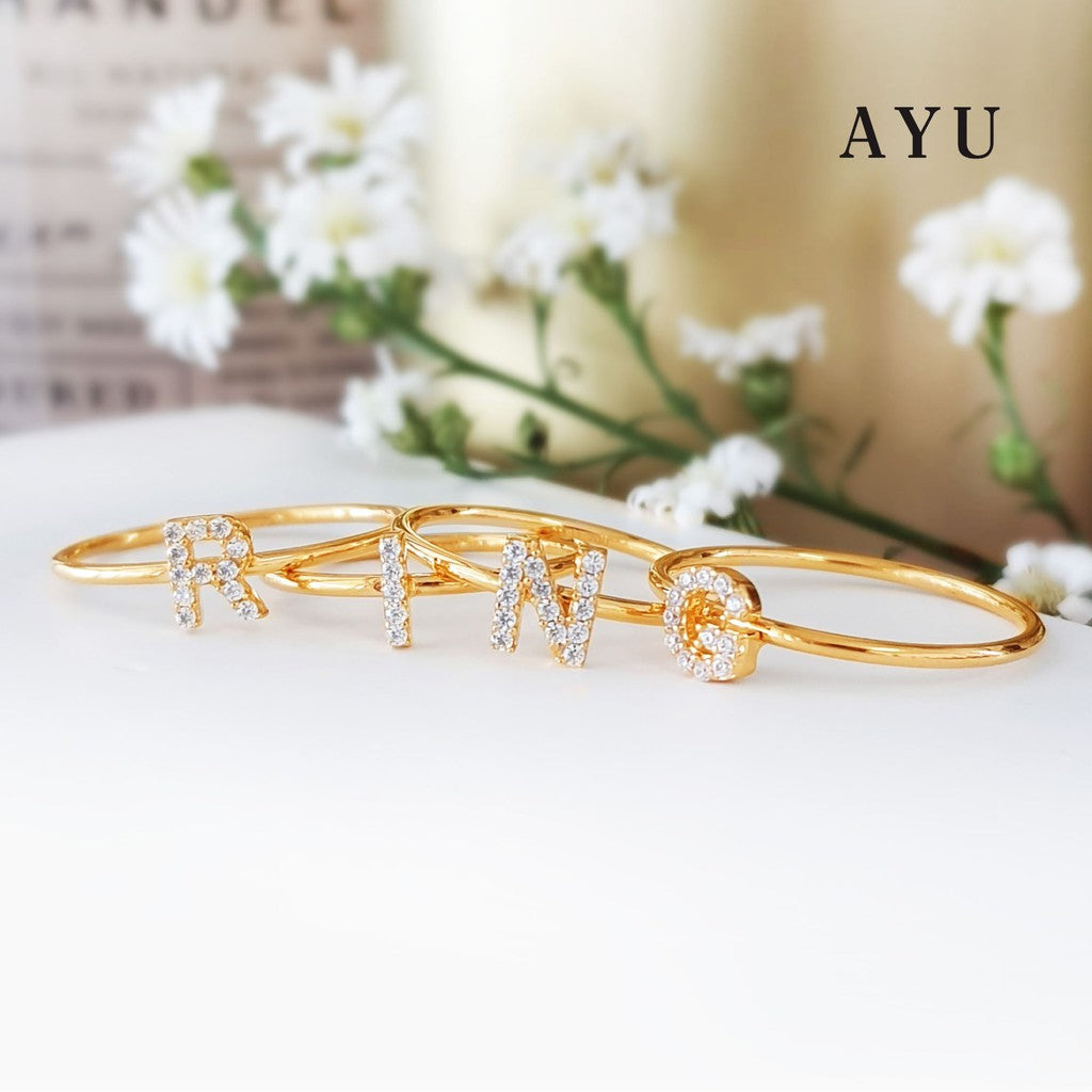 AYU Cincin Emas - Pave Initial Rings 16K Yellow Gold