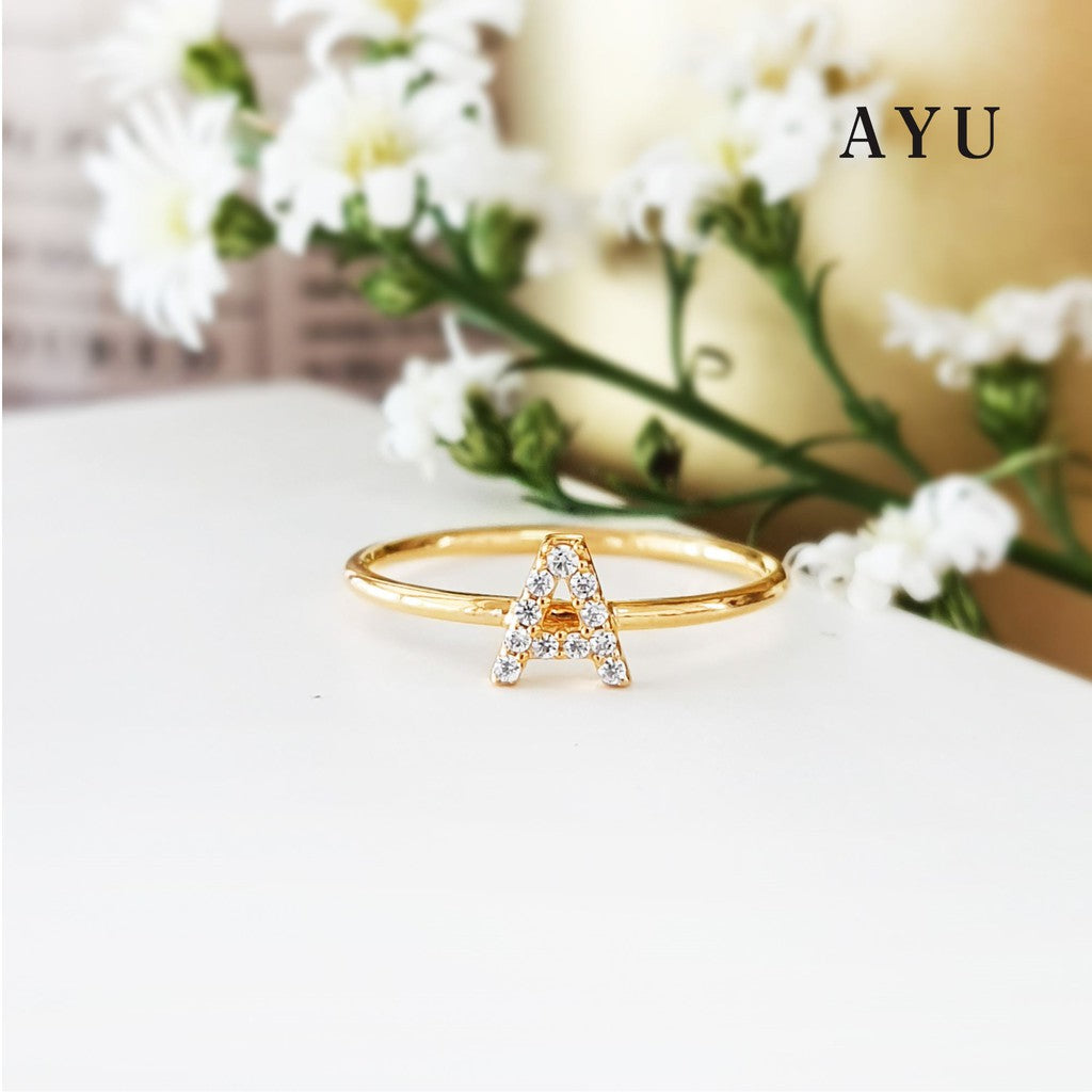 AYU Cincin Emas - Pave Initial Rings 16K Yellow Gold