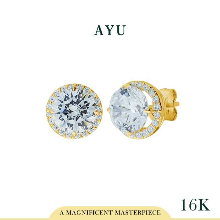 AYU Anting Emas - Round Solitaire With Halo Studs 16k Yellow Gold