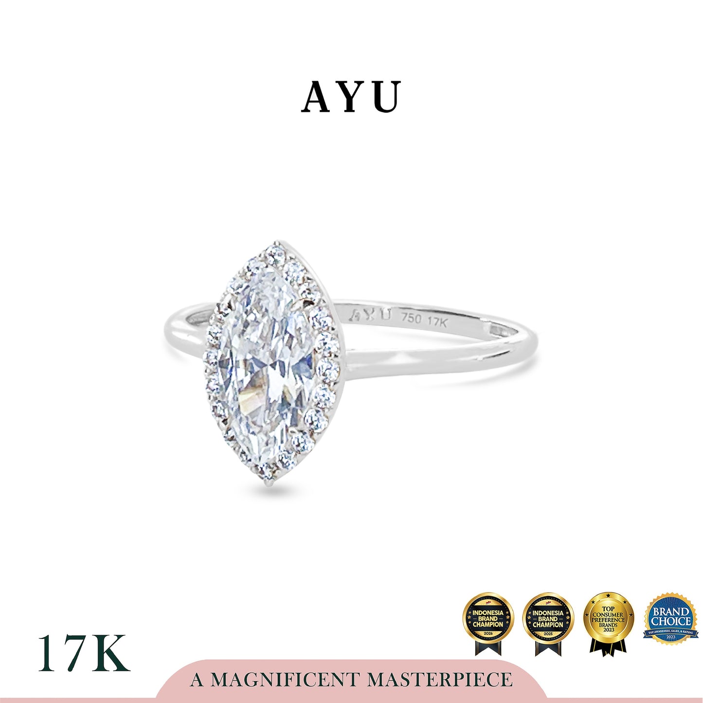 AYU Cincin Emas - Selly Halo Solitaire 17k White Gold