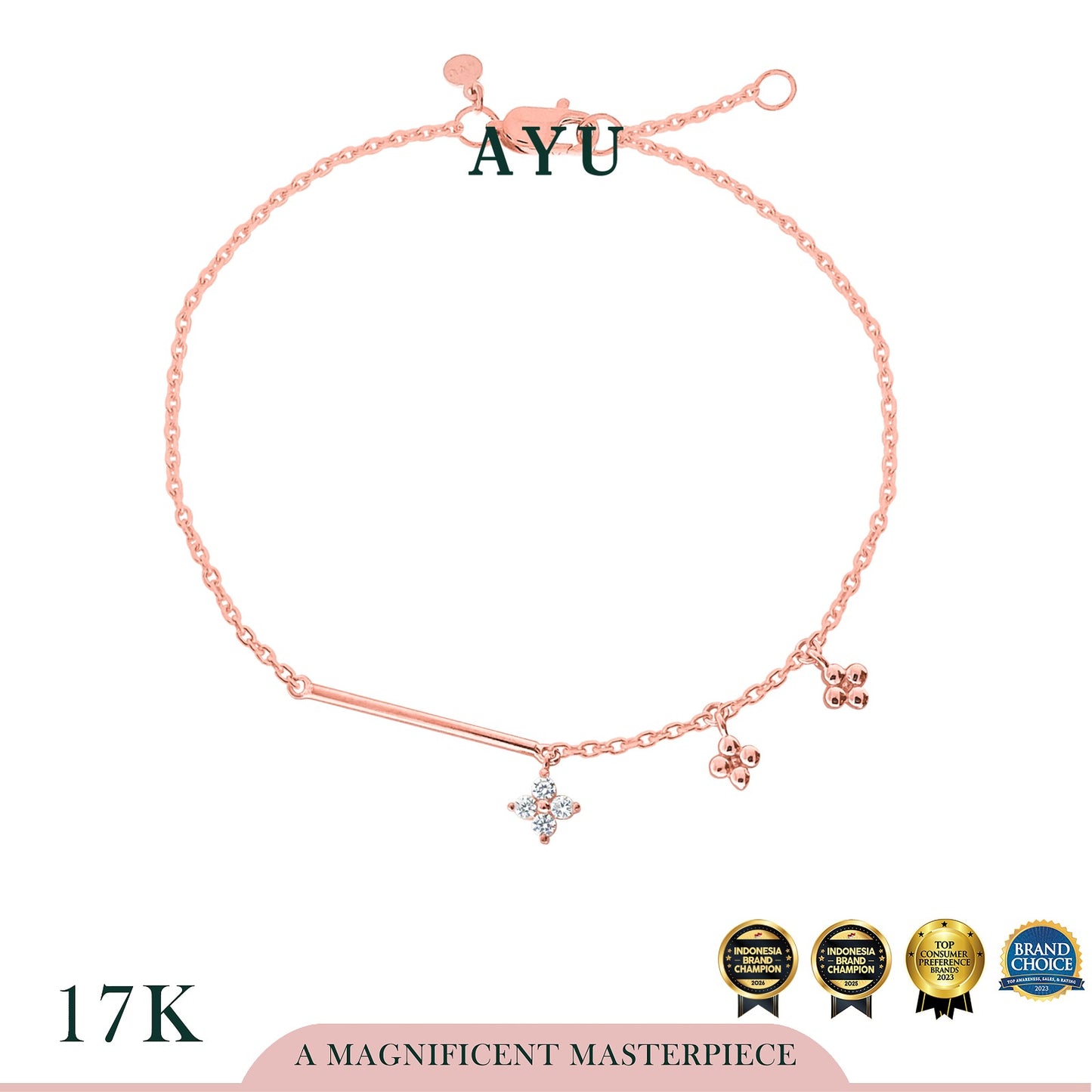 AYU Gelang Emas - Shimmer Blossom On A Bar Chain Bracelet 17k Rose Gold
