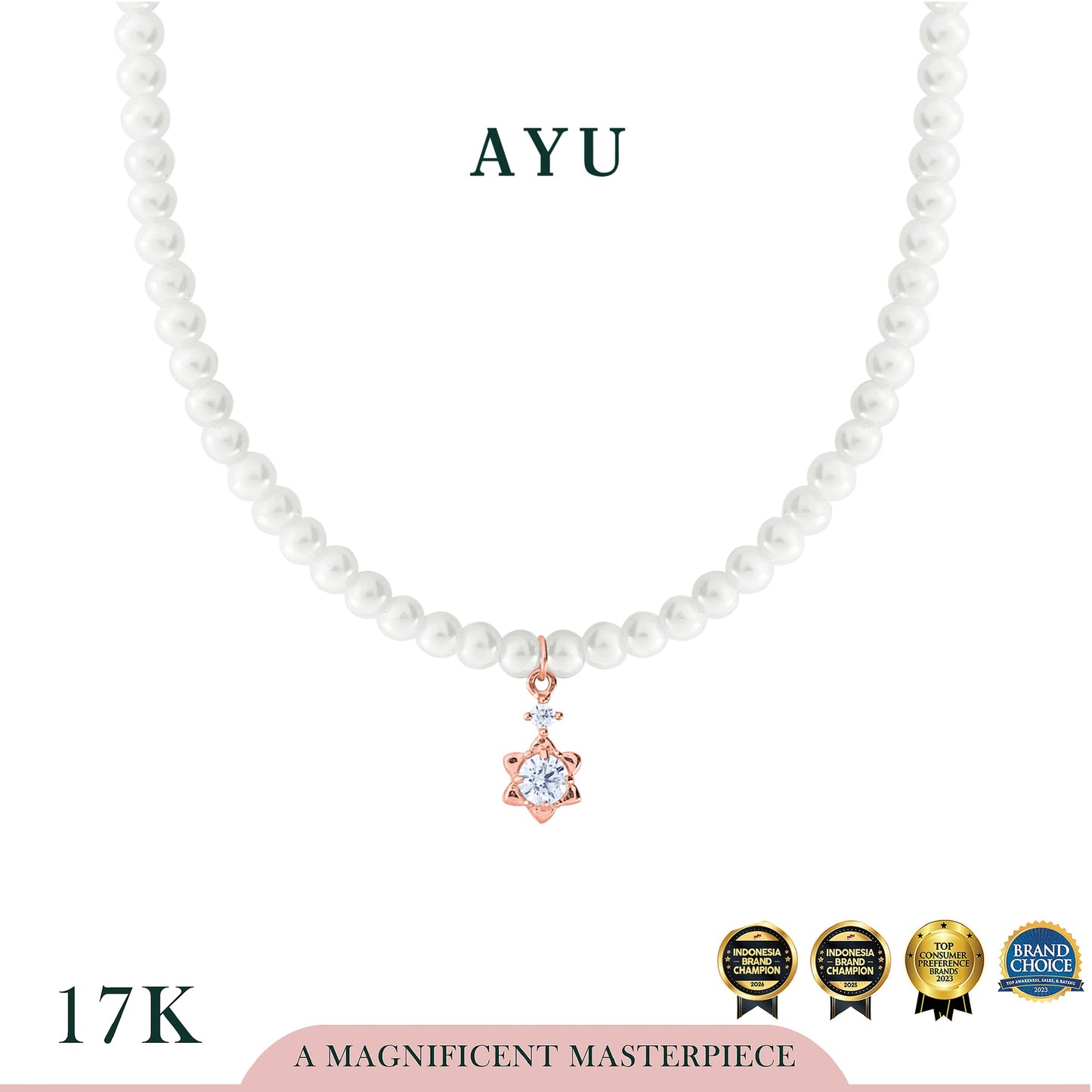AYU Kalung Korea - Spangling Solitaire With Beaded Manik Necklace 17k Rose Gold