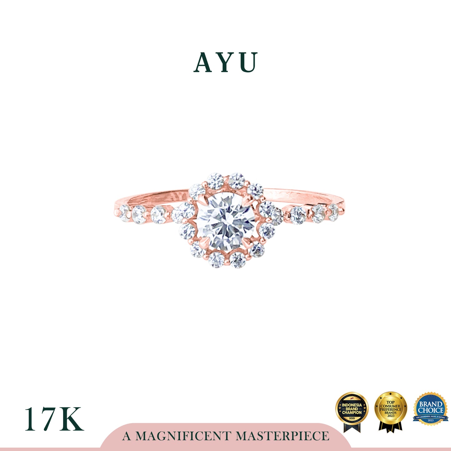 AYU Cincin Emas - Single Prong Halo Solitaire Pave Ring 17k Rose Gold