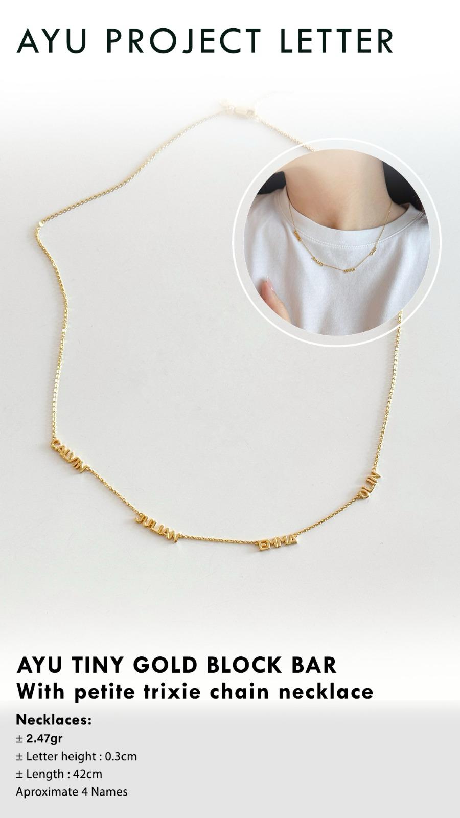 Custom Order PL Necklace Tiny Gold Block Bar With Petite Trixie Chain (Ahtesham Putri) 17K Yellow Gold, 42 CM