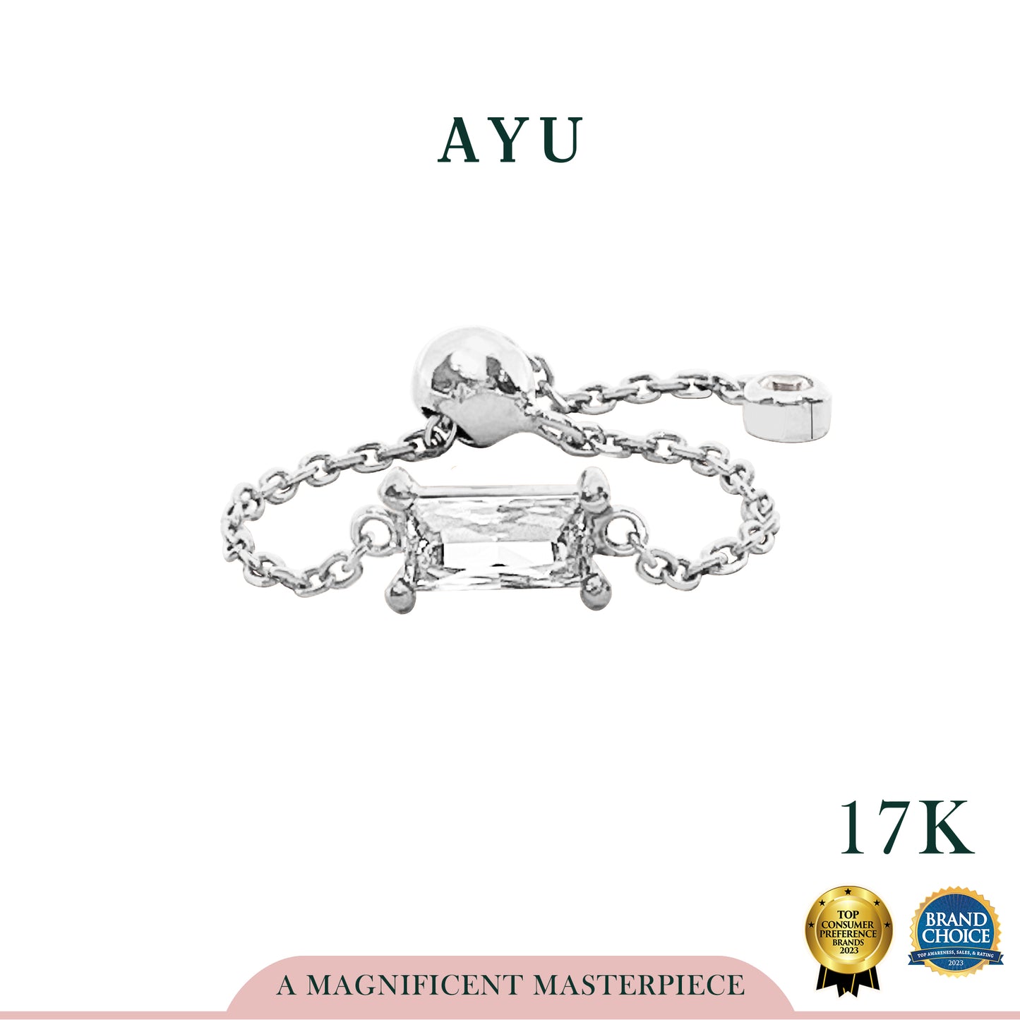 AYU Cincin Emas - Bejeweled In Baguette Adjustable Ring 17k White Gold