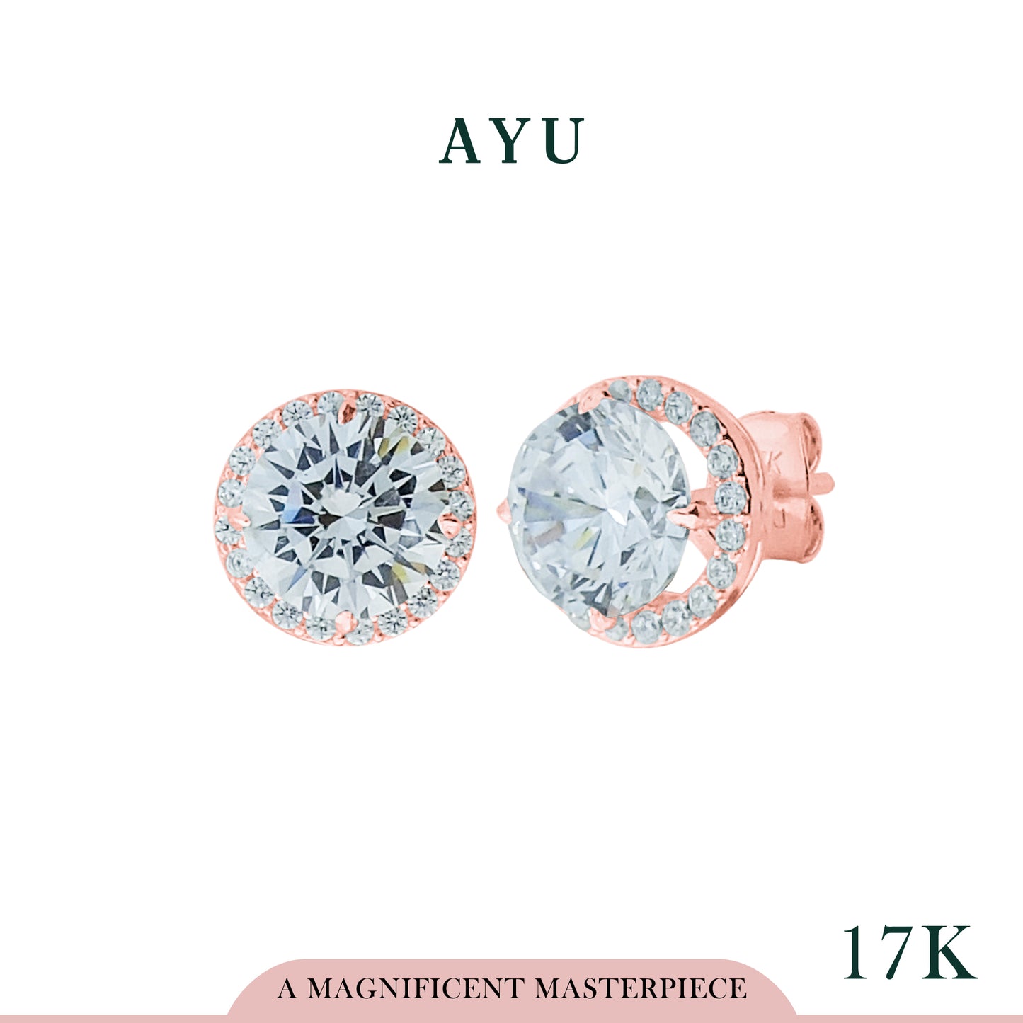 AYU Anting Emas Tindik - Round Solitaire With Halo Studs 17K Rose Gold