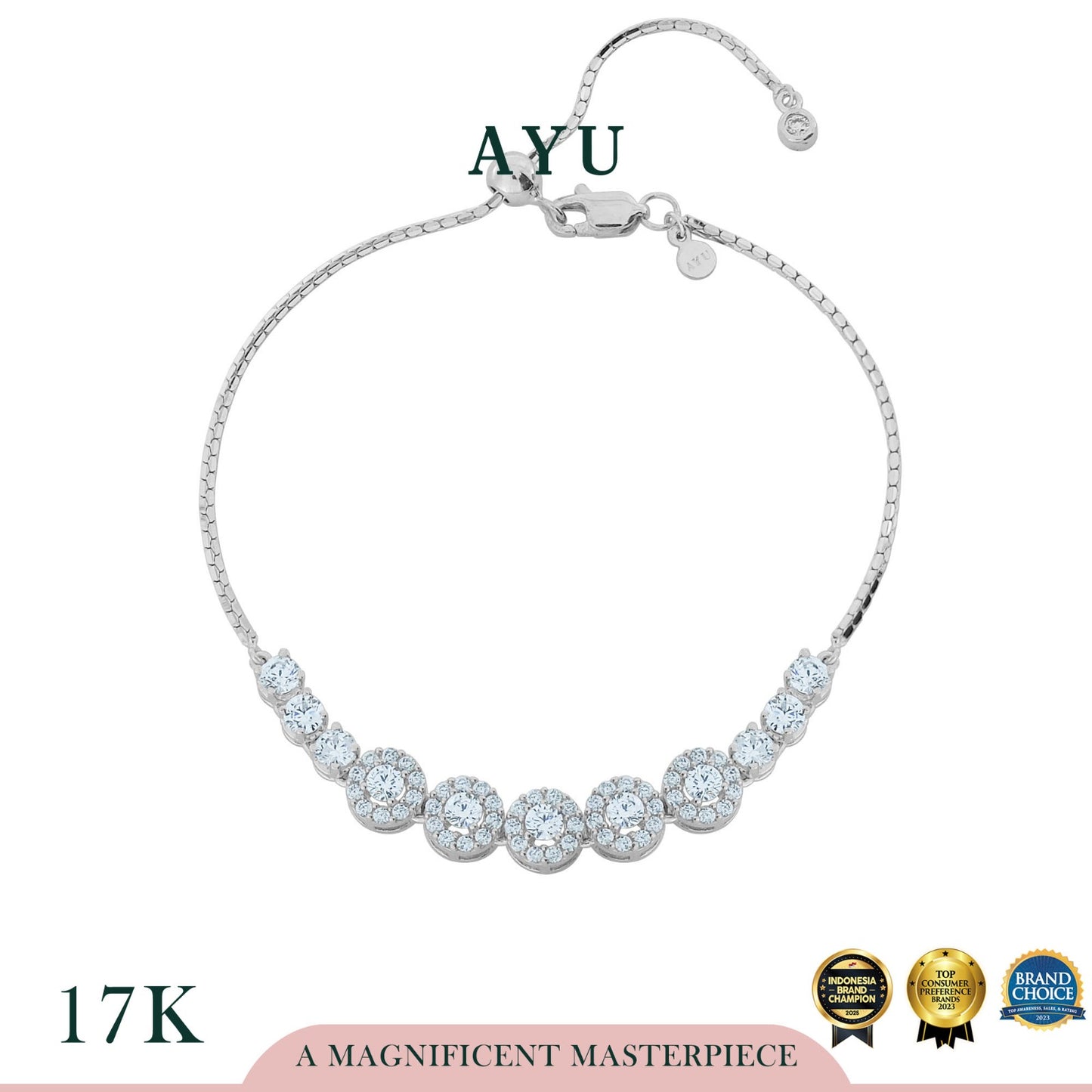 AYU Gelang Emas-Round Halo Adjustable Box Chain Bracelet 17k White Gold