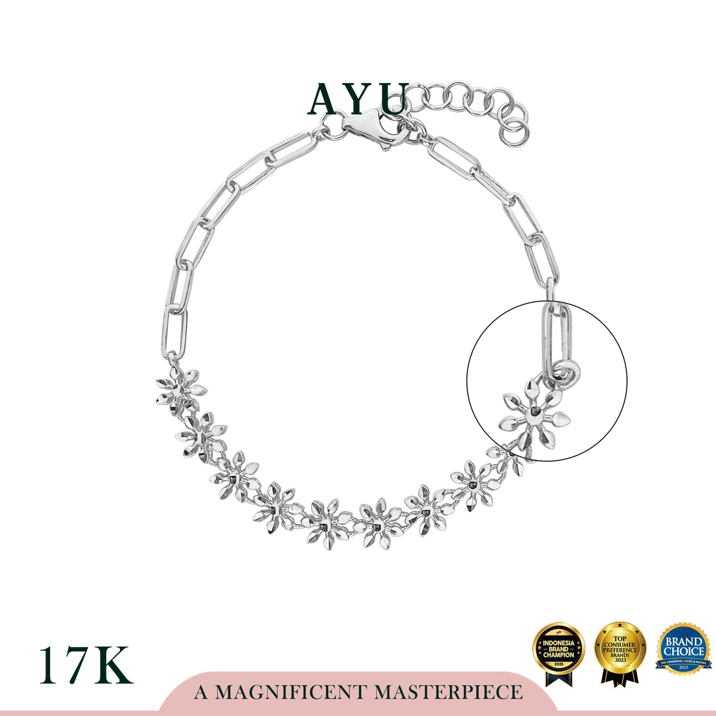 AYU Gelang Emas - Twinkle Snowflake With Paper Clip Chain Bracelet 17k White Gold