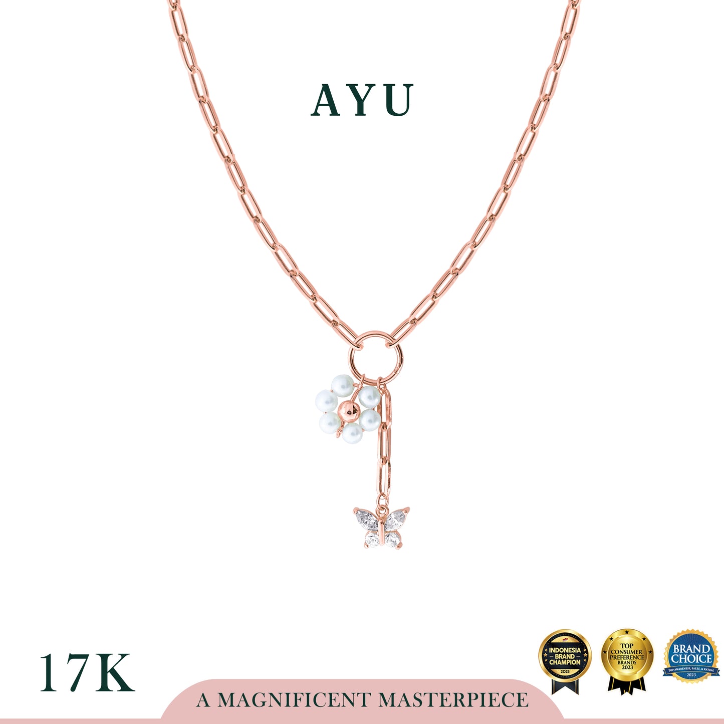 AYU Kalung Emas - Butterfly Pearly Secret Garden Necklace 17k Rose Gold
