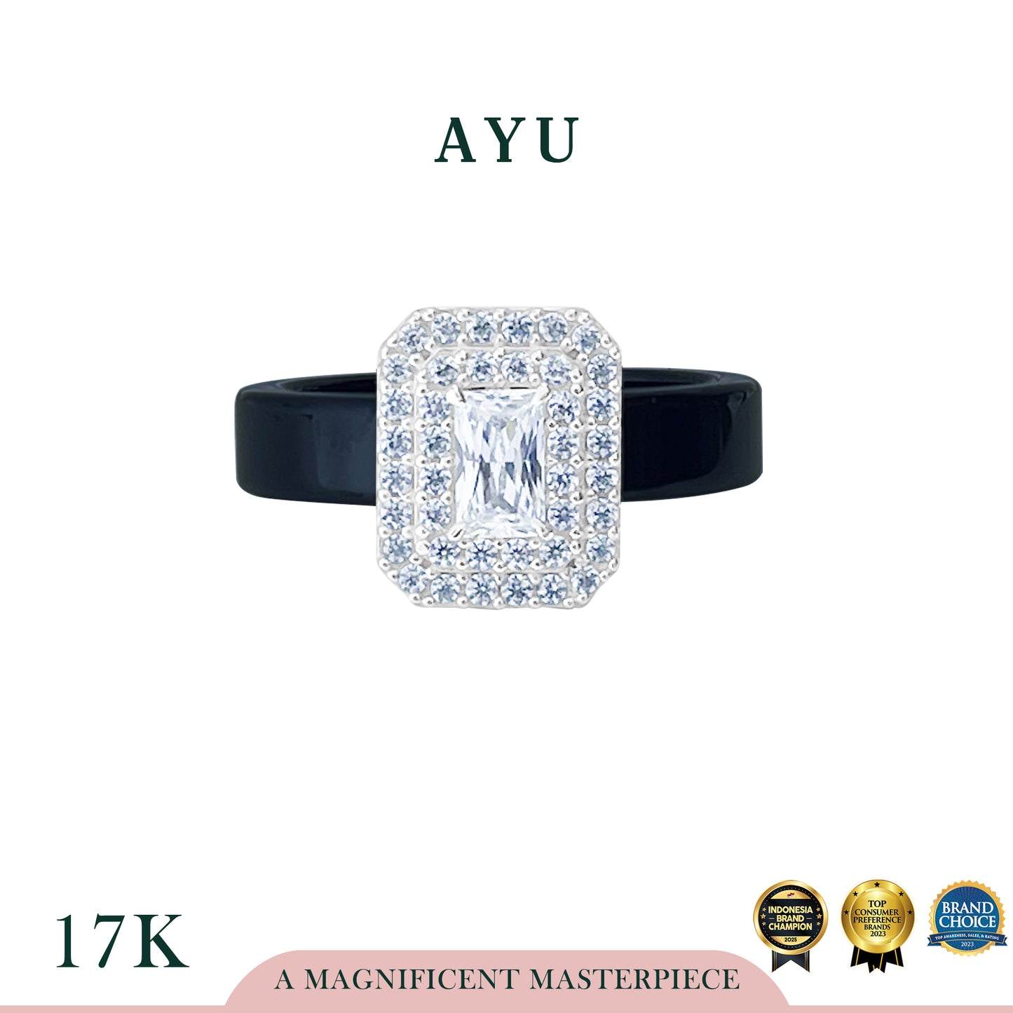 AYU Cincin Emas - Emerald Double Halo Ceramic 17k White Gold