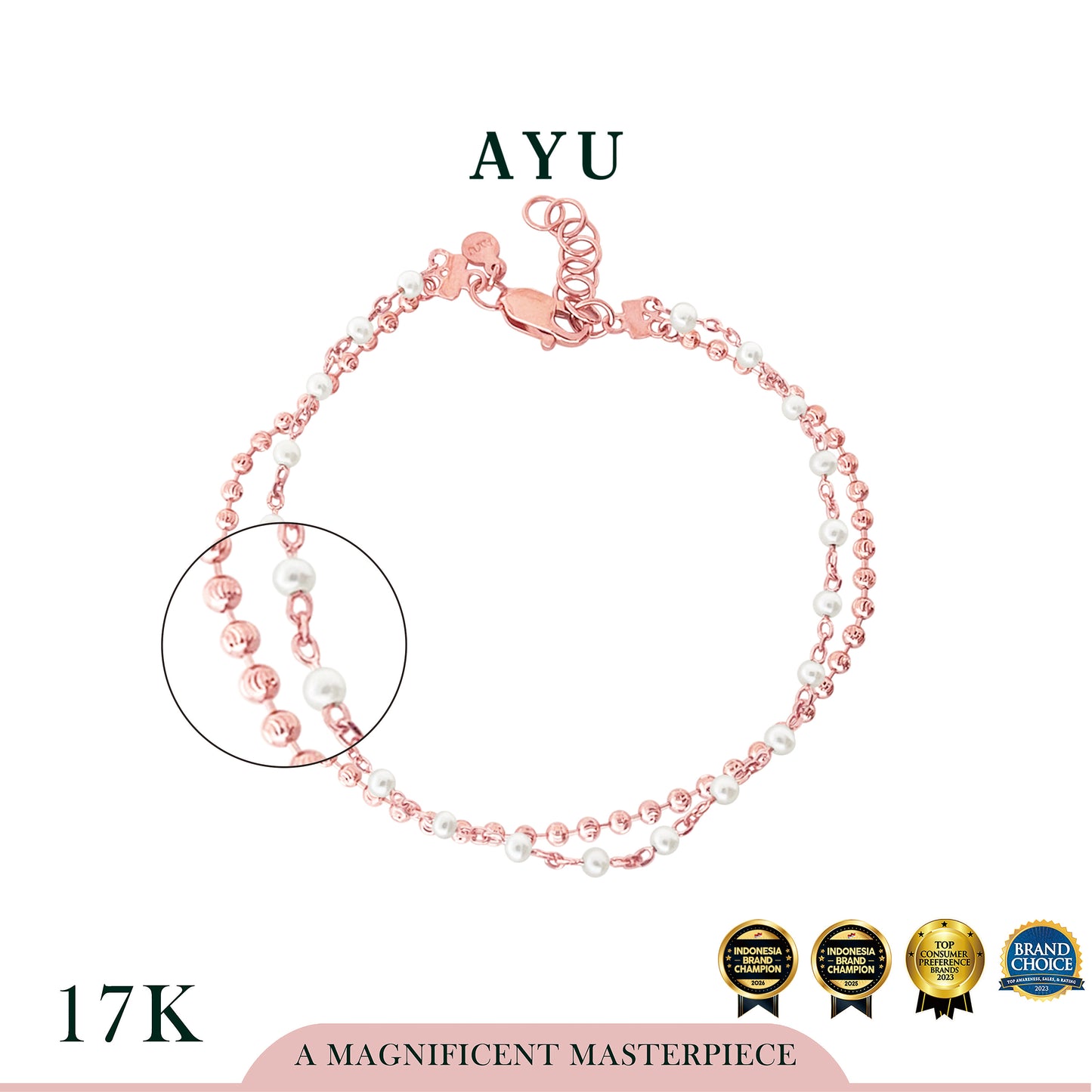 AYU Gelang Emas - Double Layer Mini Pearl And Pepper Beads Bracelet 17k Rose Gold