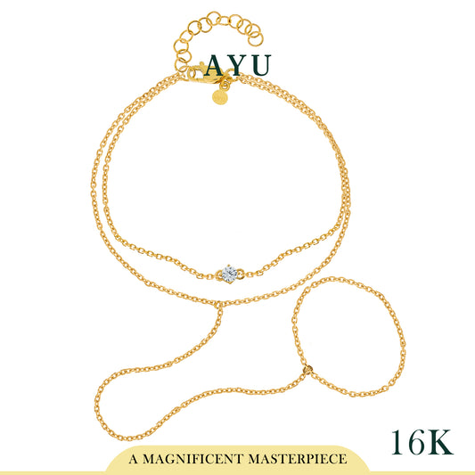 AYU Mini Solitaire Double Layer Hand Chain Bracelet 16k Yellow Gold