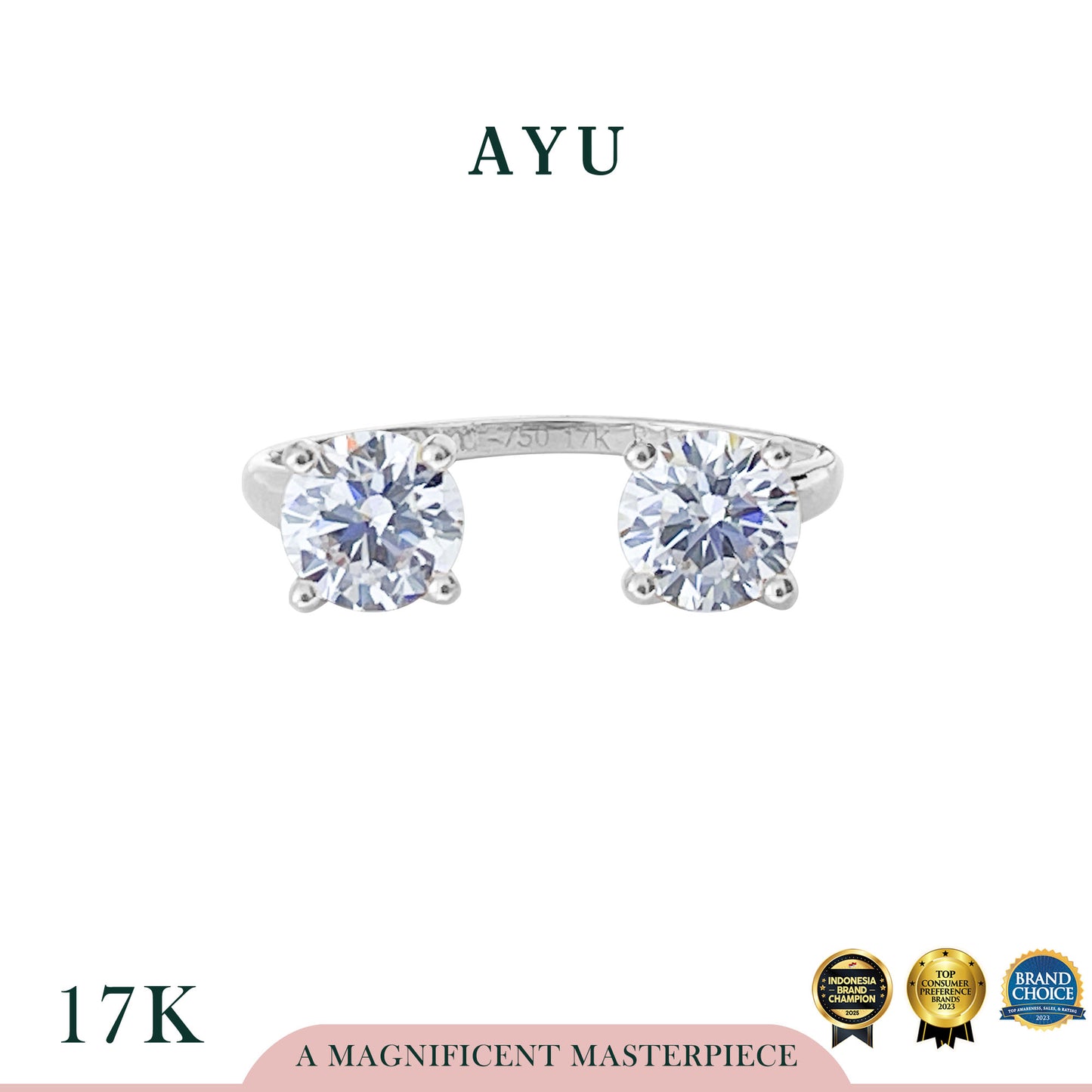 AYU Cincin Emas - Two Round Solitaires Open Ring 17k White Gold