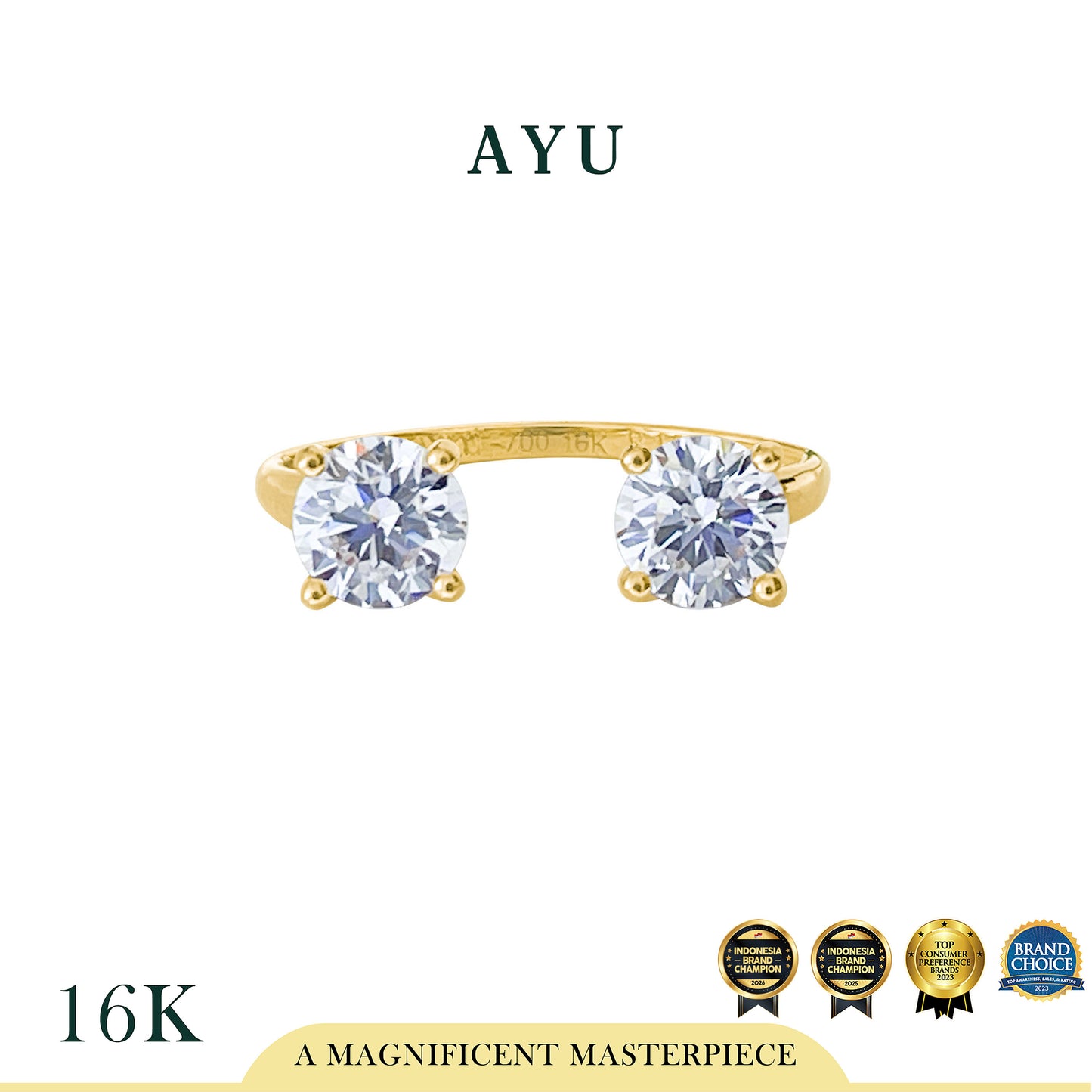 AYU Cincin Emas - Two Round Solitaires Open Ring 16k Yellow Gold