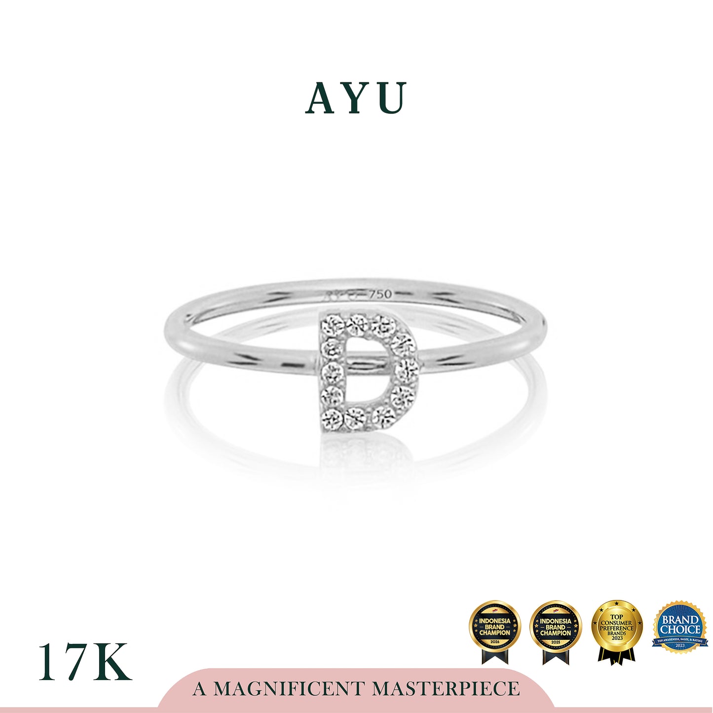 AYU Cincin Emas - Pave Initial Ring 17K White Gold