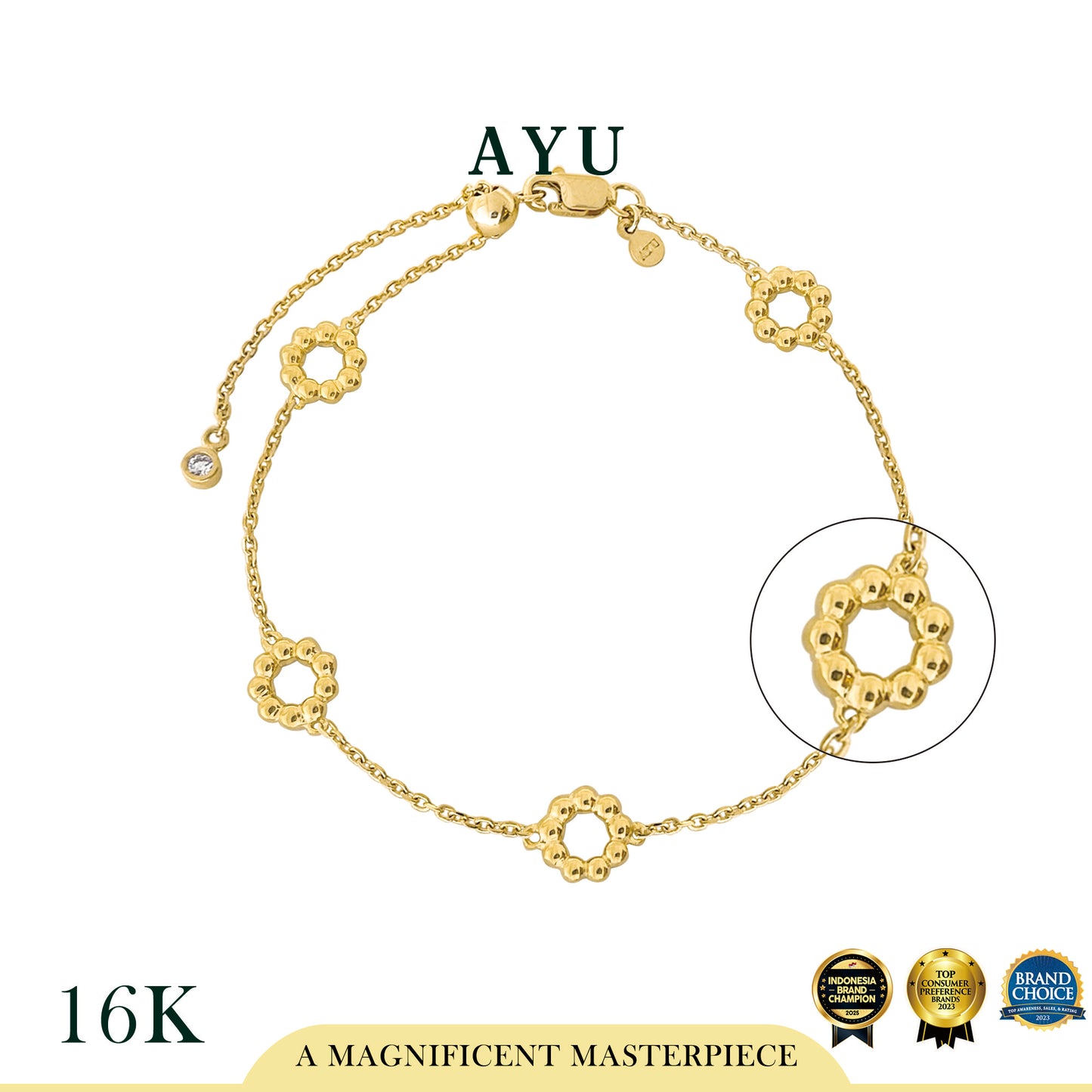 AYU Gelang Emas - Gold Mochi Donuts Adjustable Chain Bracelet 16k Yellow Gold