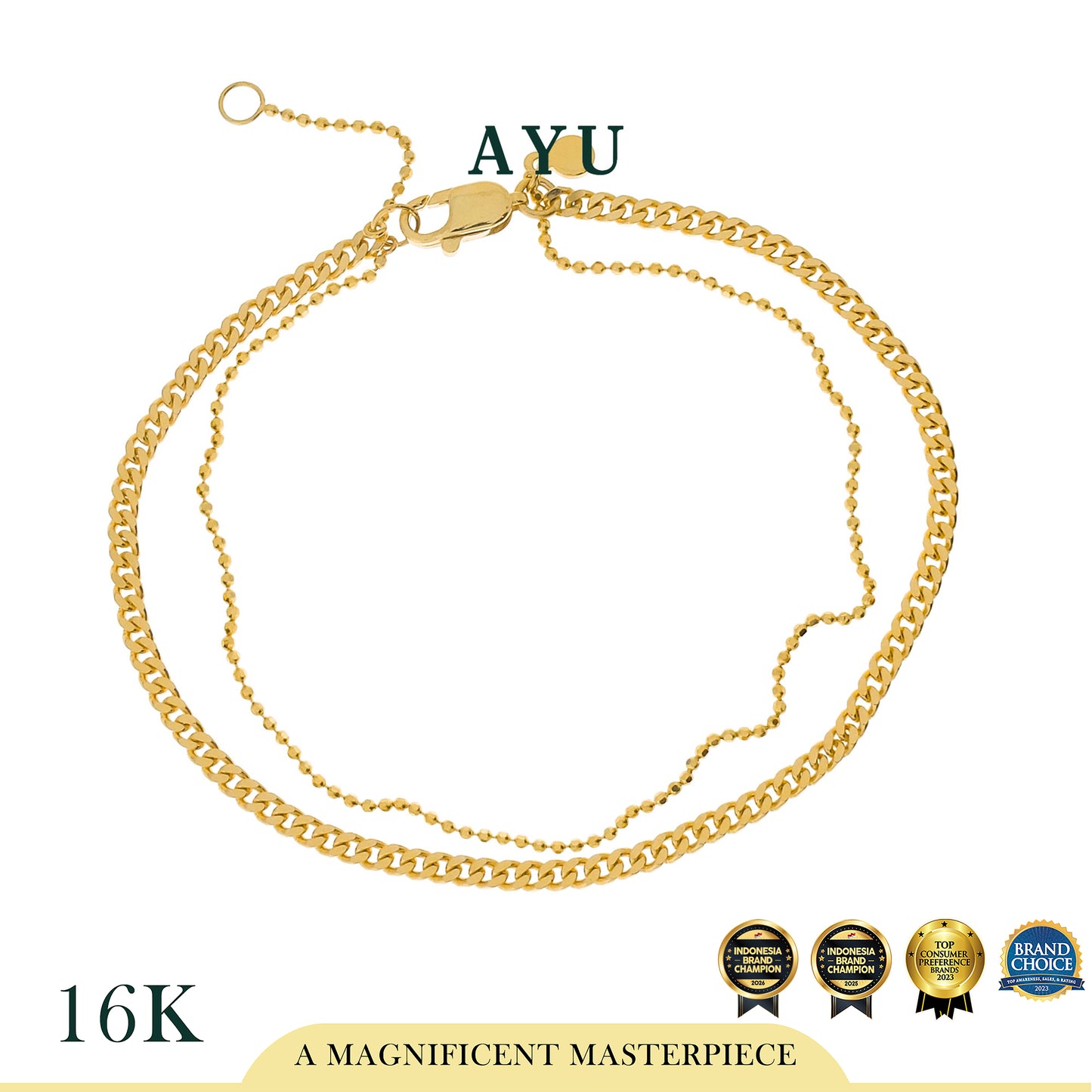 AYU Gelang Emas - Double Layer Cuban And Mini Pepper Chain Bracelet 16k Yellow Gold