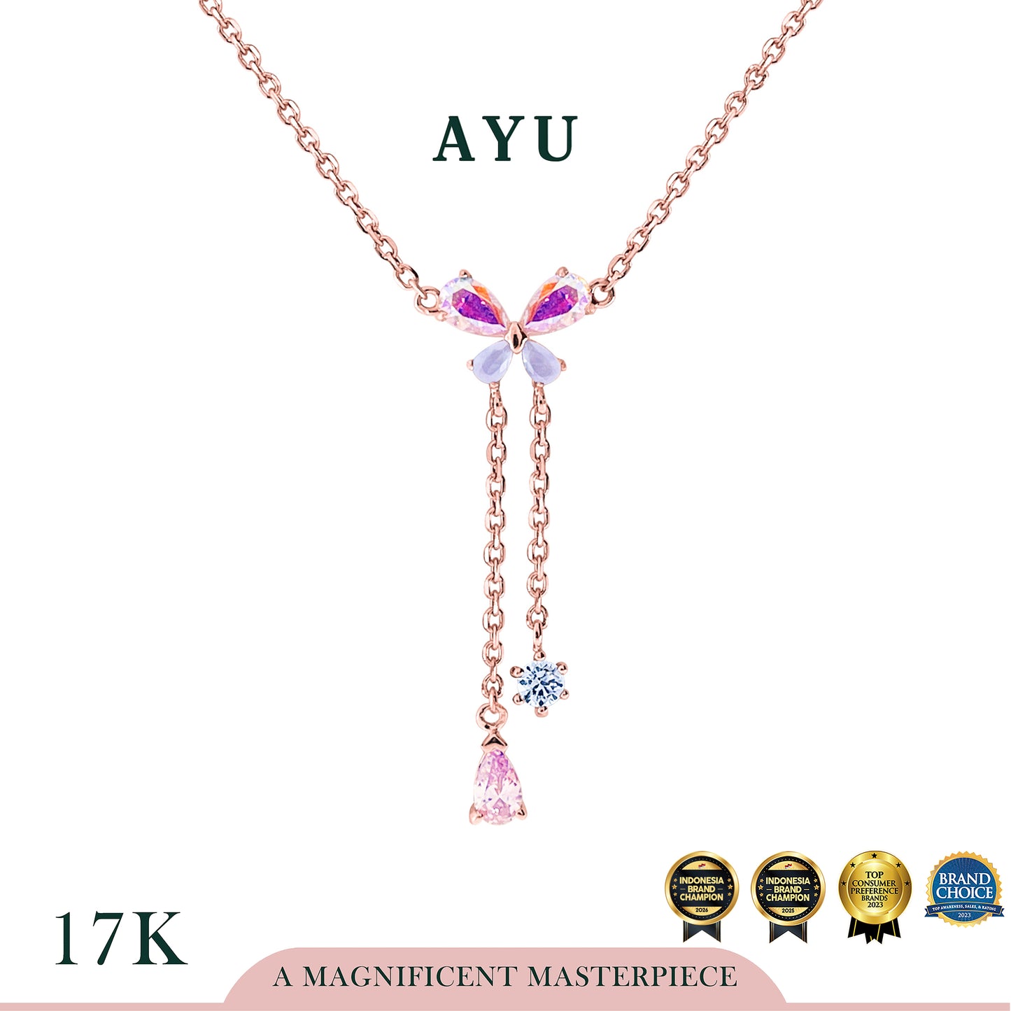 AYU Kalung Emas - Magical Butterfly With Teardrop Lariat Chain Necklace 17k Rose Gold