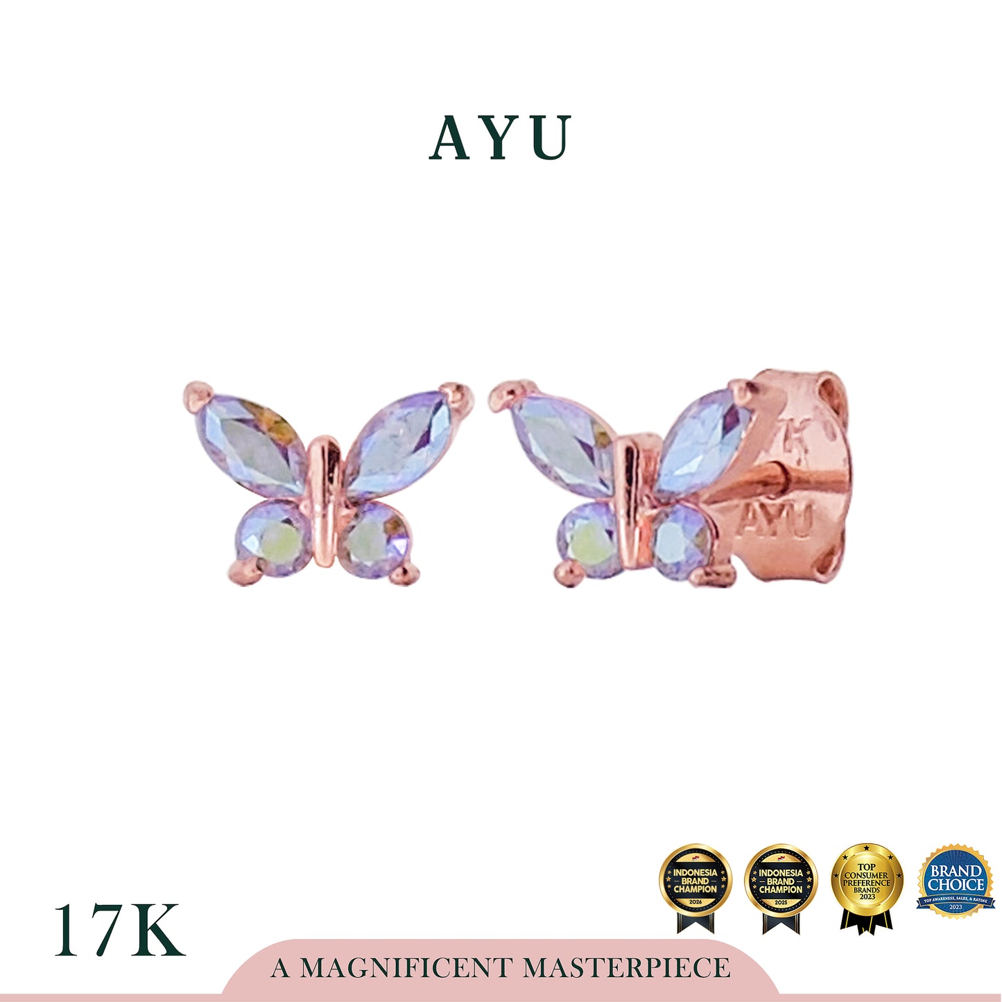AYU Anting Emas Tindik - Magical Fluttering Butterfly Studs 17K Rose Gold