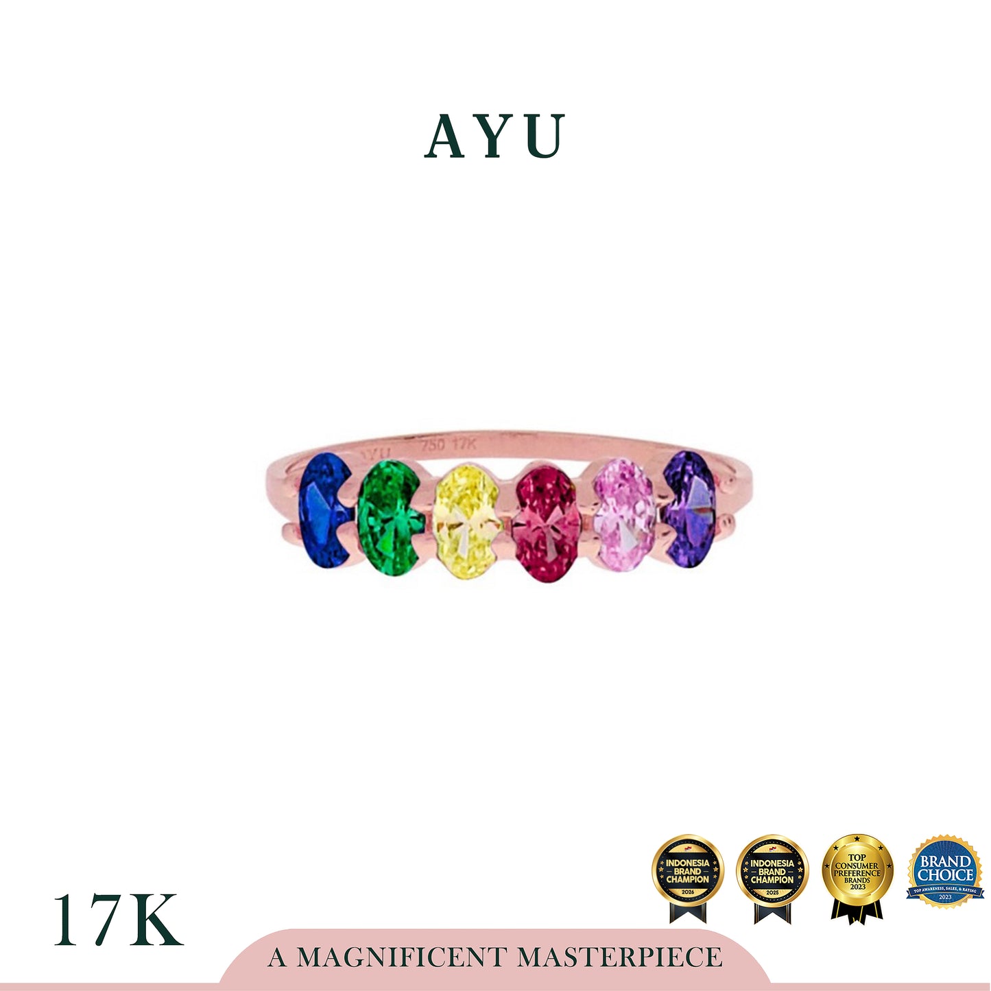 AYU Cincin Emas - Oval Half Band Eternity Ring Rainbow 17K Rose Gold