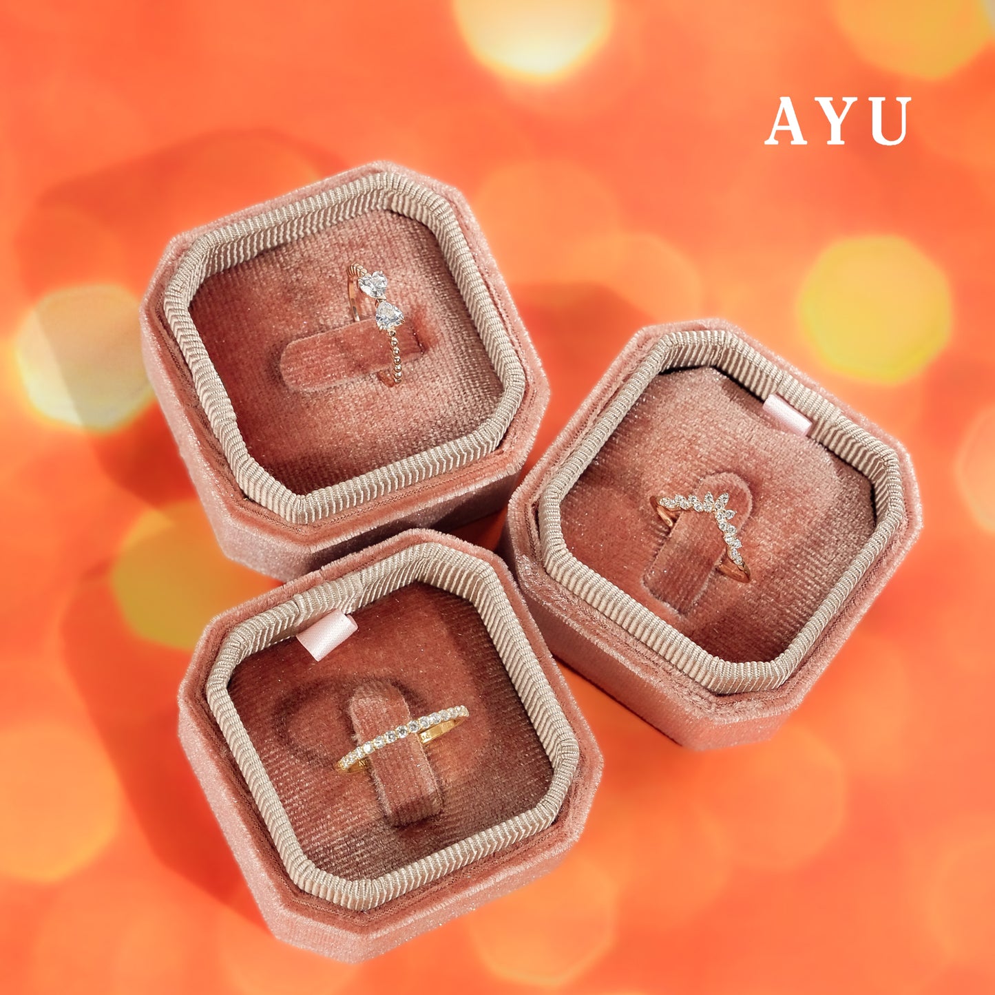 AYU Cincin Emas - Pave Angel Vine Chevron Stack 17K Rose Gold
