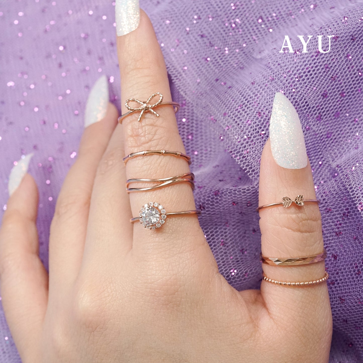 AYU Cincin Emas - Pepper Beads Stack Ring 17K Rose Gold