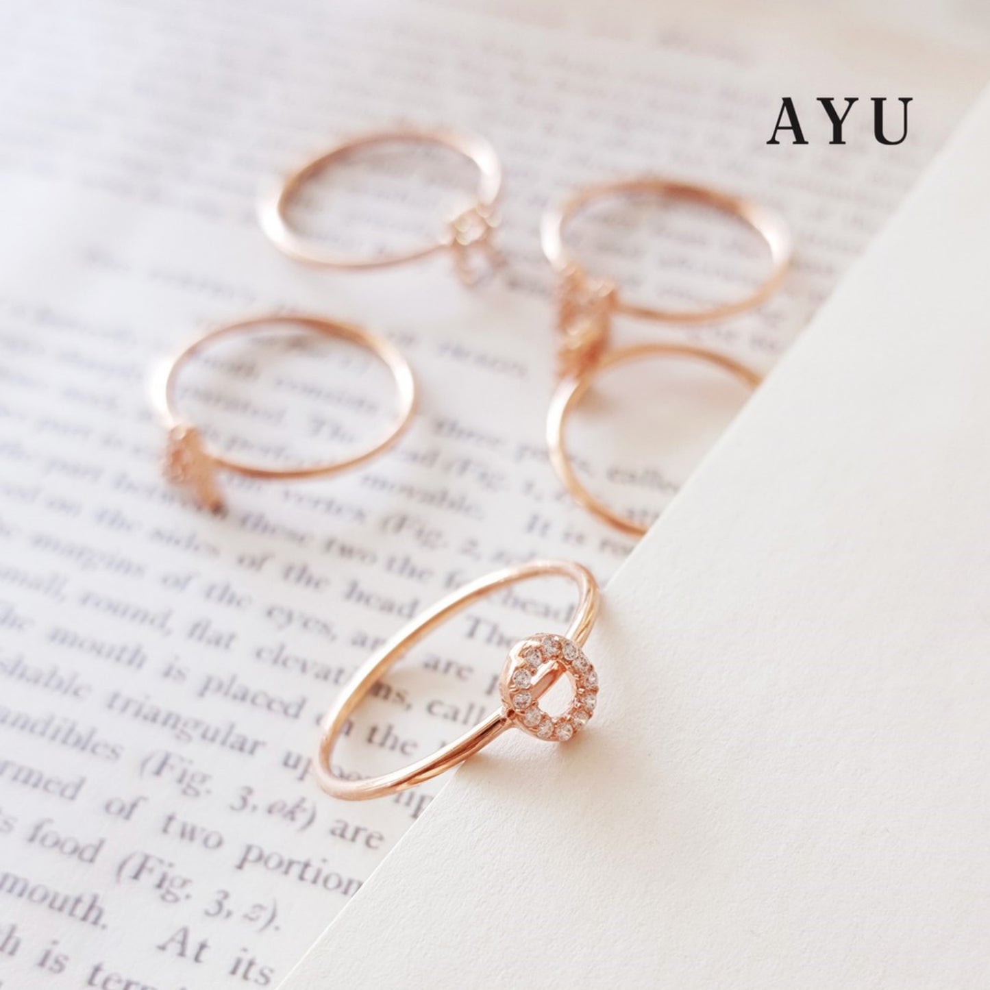 AYU Cincin Emas - Pave Initial Ring 17K Rose Gold
