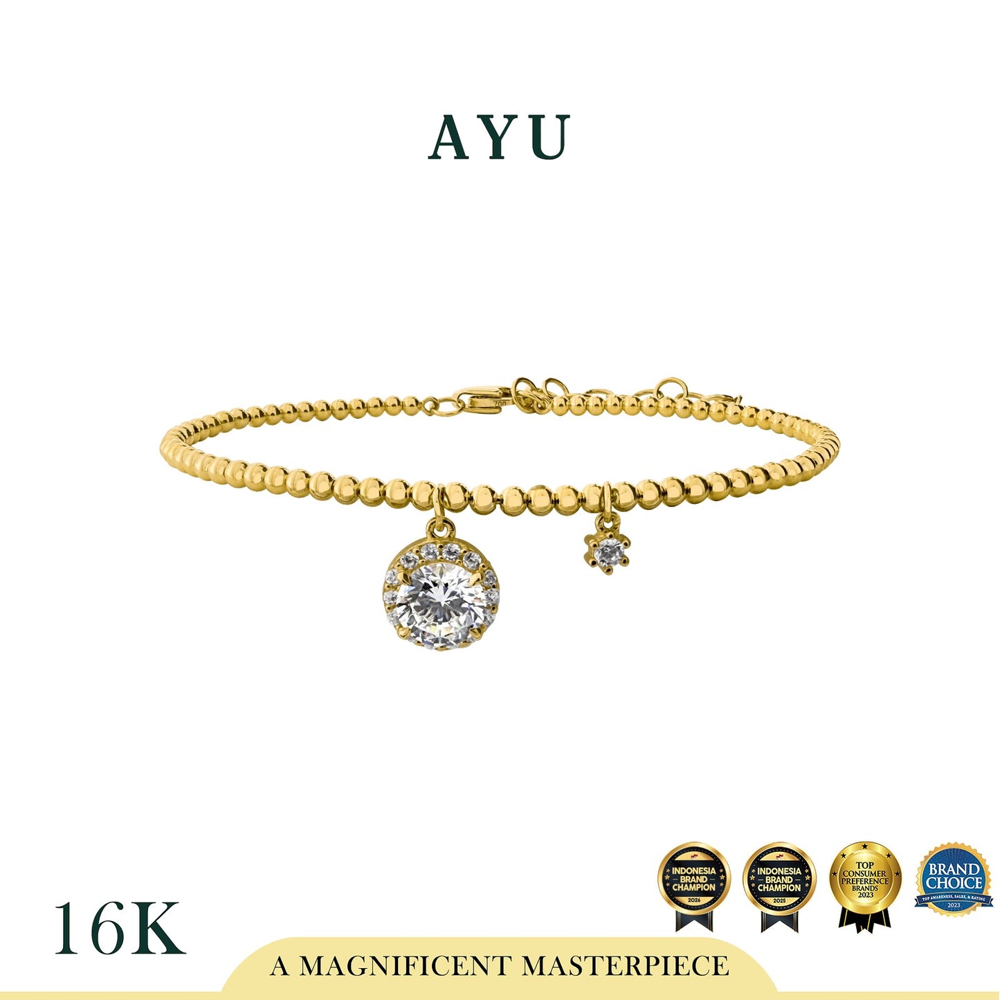 AYU Round Halo With Mini Solitaire On Mini Boba Bangle 16k Yellow Gold