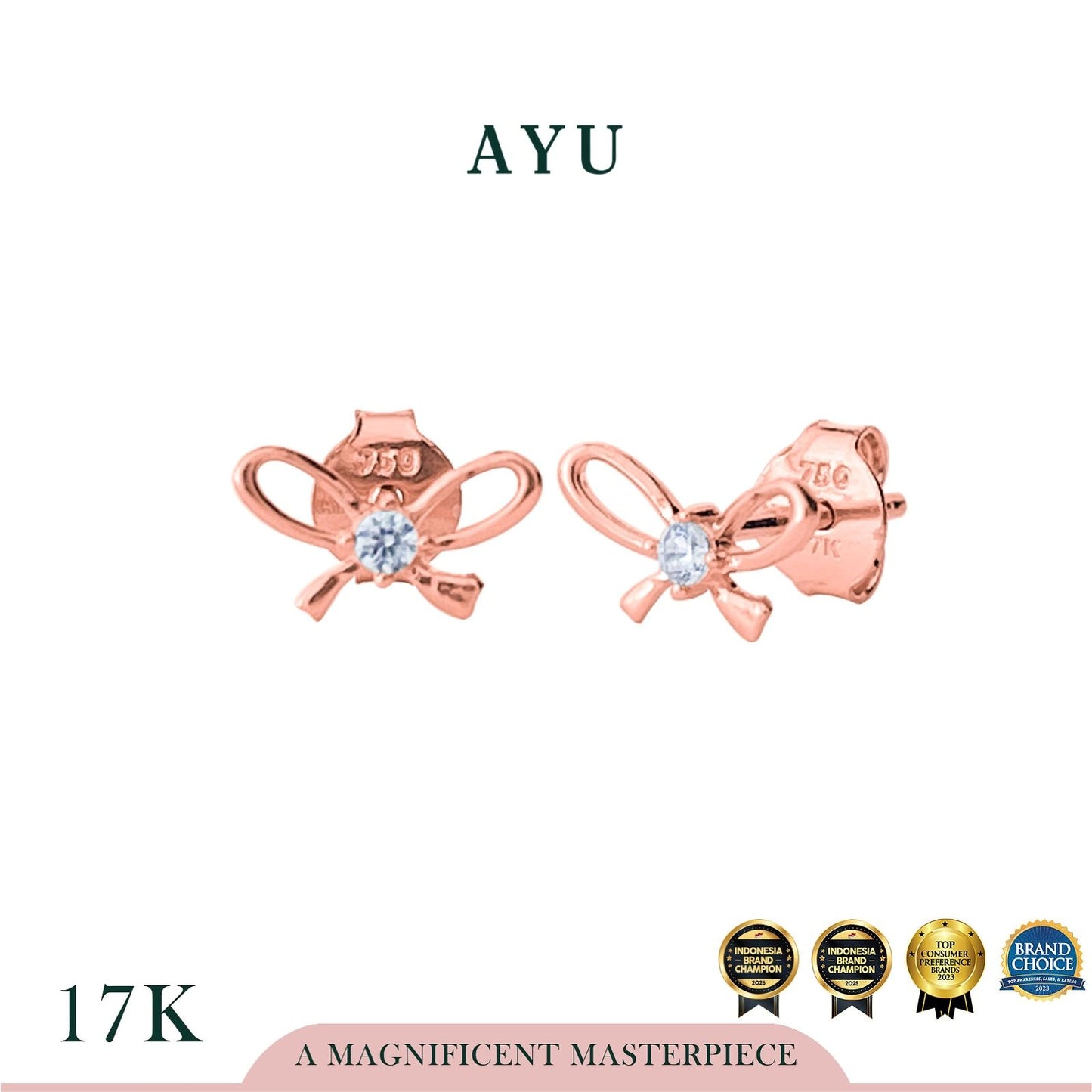AYU Anting Emas - Charming Bow Studs 17k Rose Gold