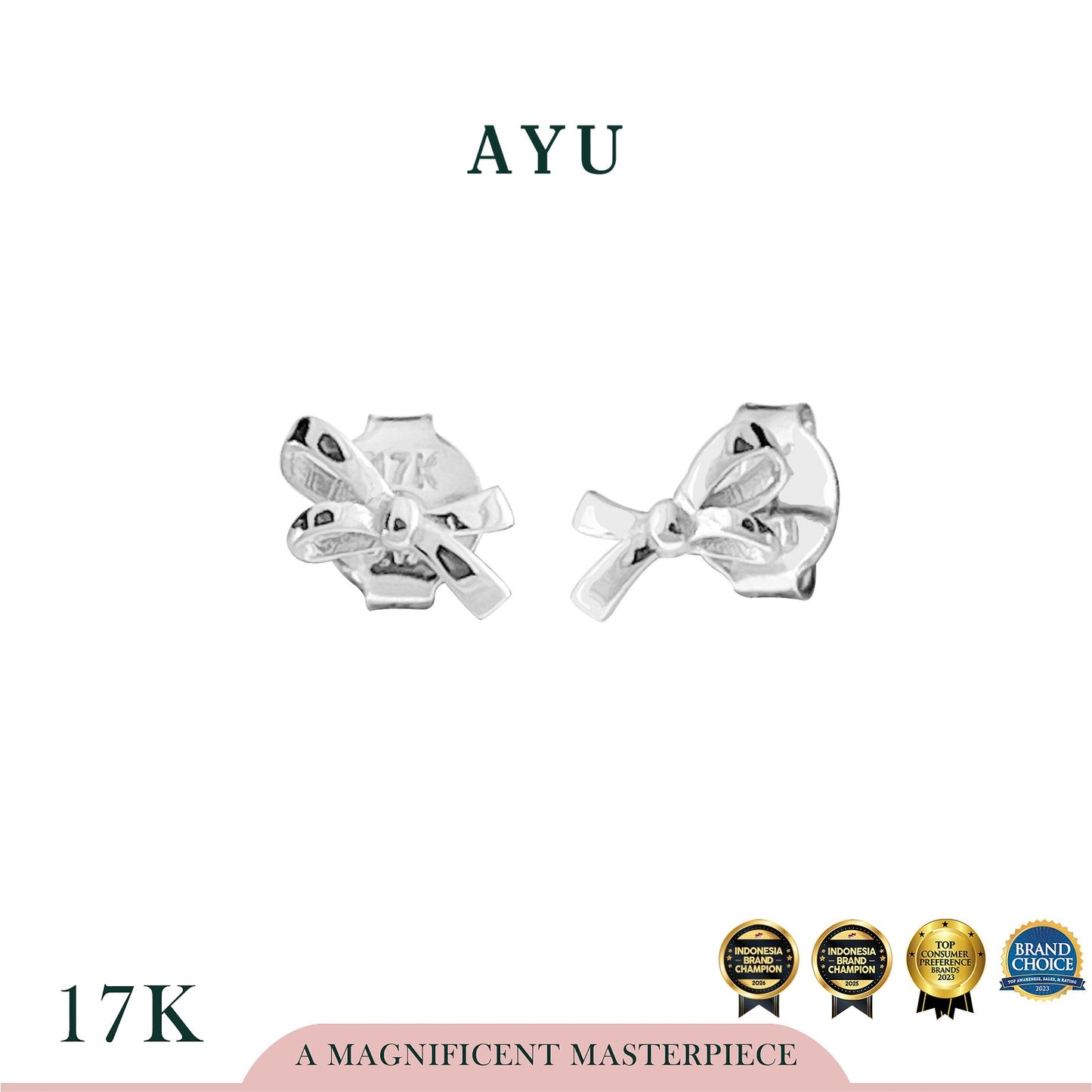 AYU Anting Emas - Gold Tiny Bow Studs 17k White Gold