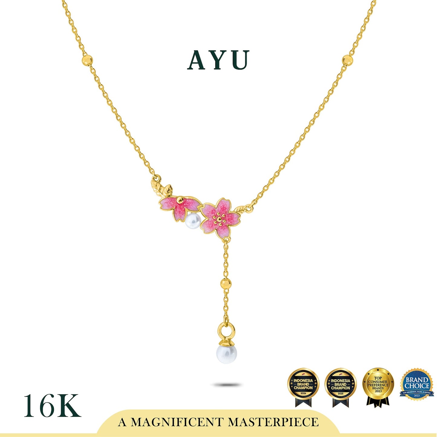 AYU Kalung Emas - Spring Sakura Pearl Lariat Chain Necklace 16k Yellow Gold