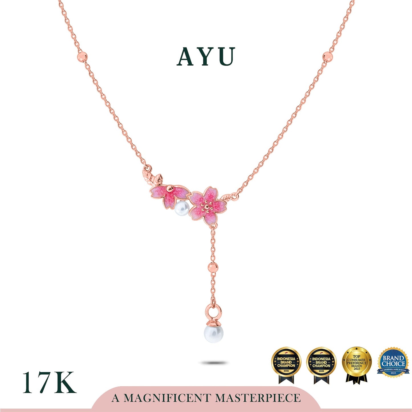 AYU Kalung Emas - Spring Sakura Pearl Lariat Chain Necklace 17k Rose Gold