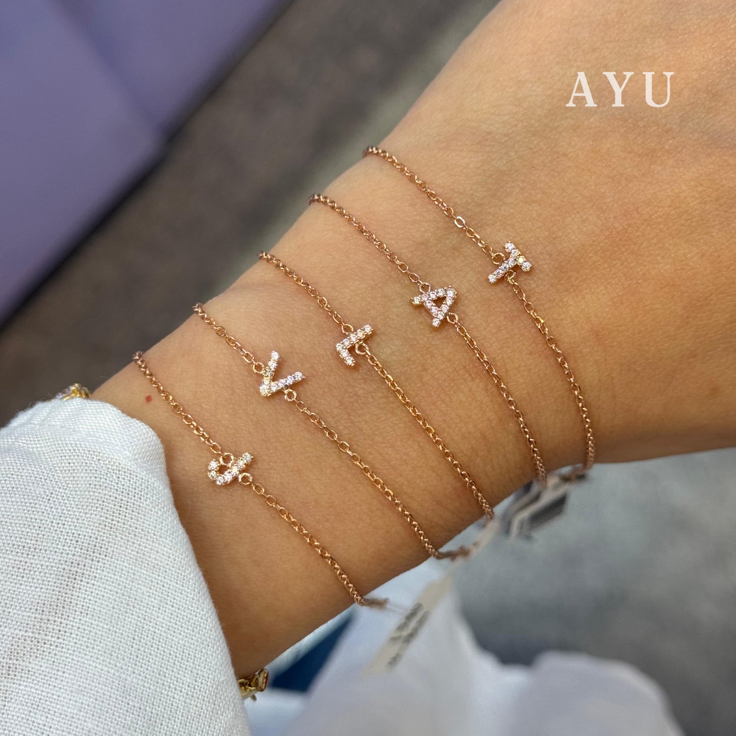 AYU Pave Initial Chain Bracelet 17k Rose Gold