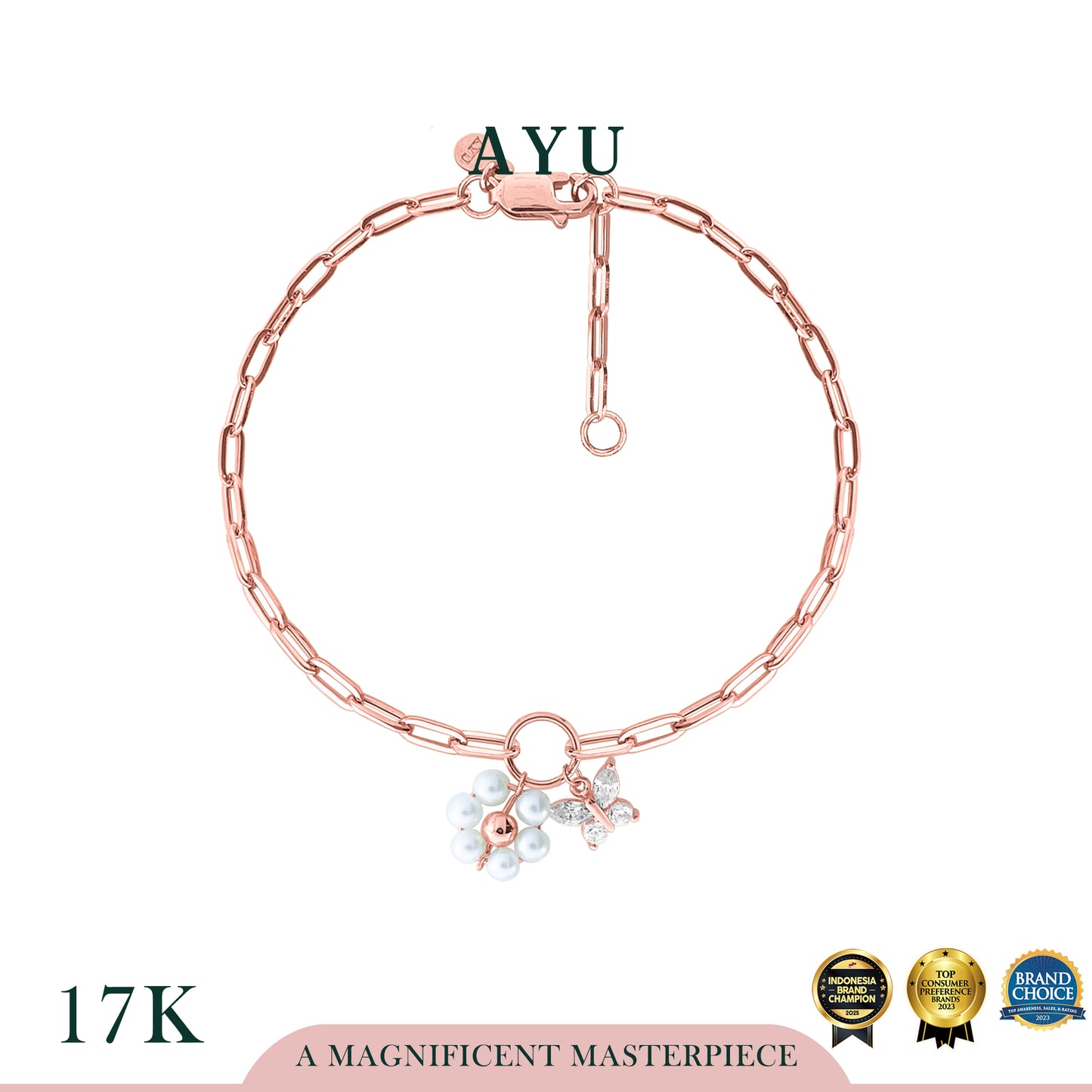 AYU Gelang Emas - Butterfly Pearly Secret Garden Bracelet 17k Rose Gold