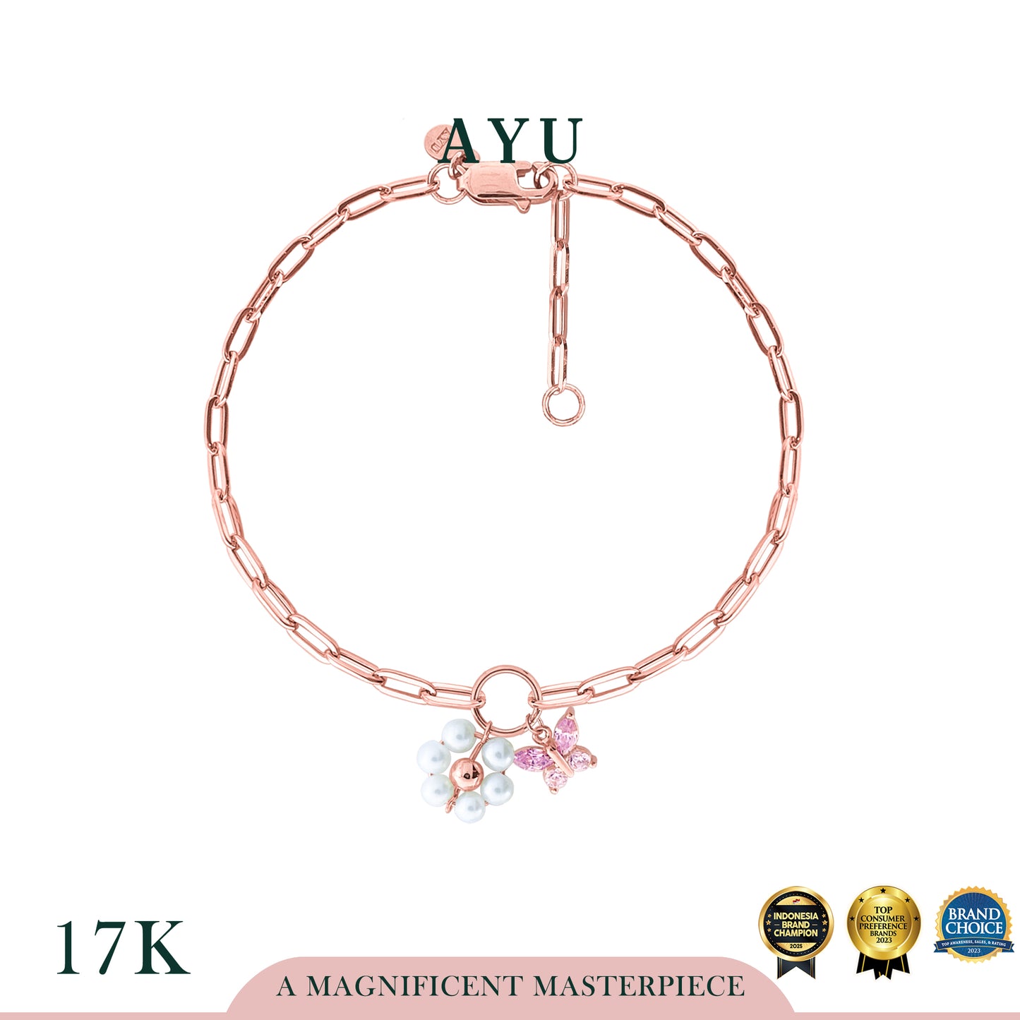 AYU Gelang Emas - Butterfly Pearly Secret Garden Bracelet 17k Rose Gold