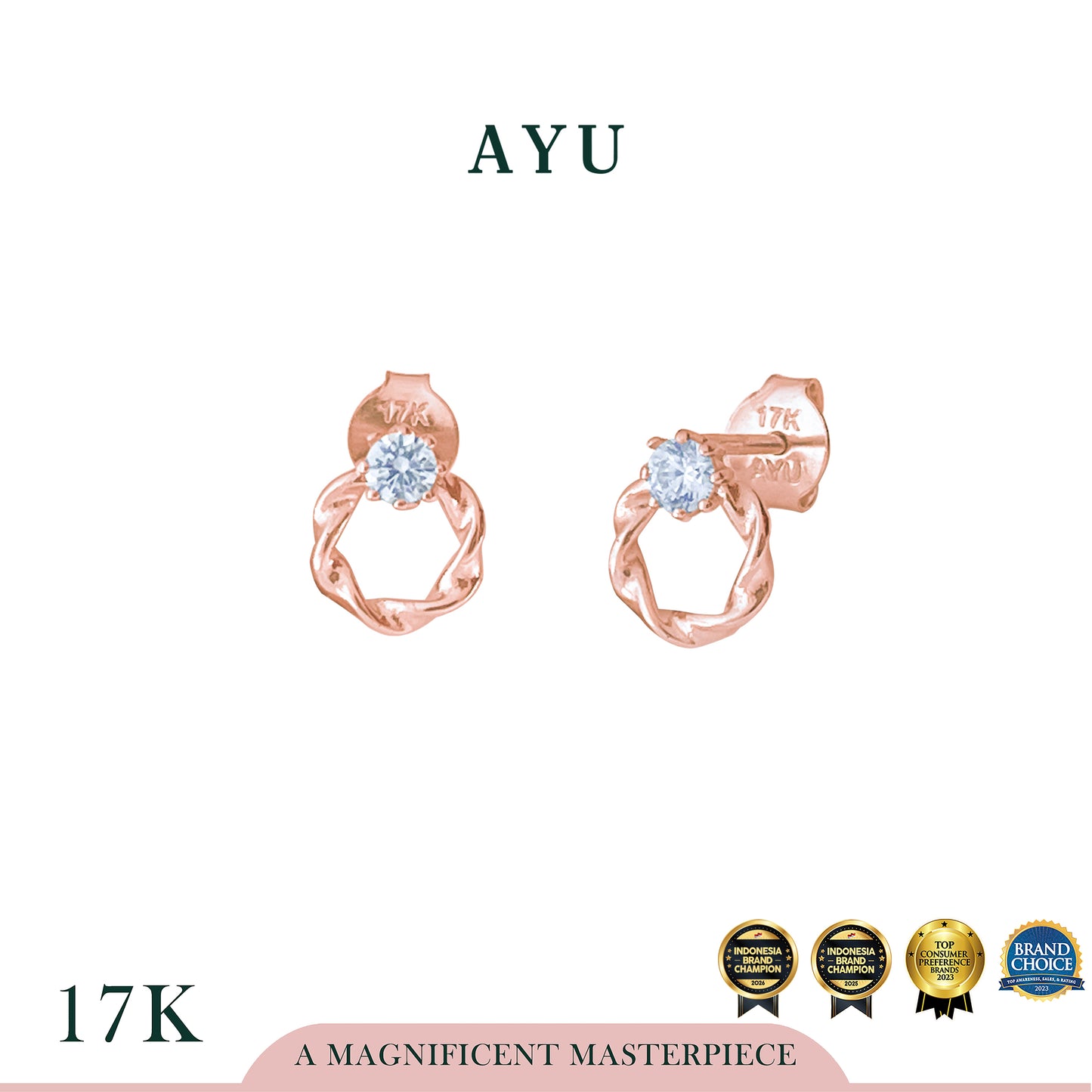 AYU Anting Emas - Mini SolItaire Twist Studs 17k Rose Gold