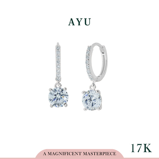 AYU Anting Emas - Pave Dougnut With Dangle 4 Prong Round Solitaire 17K White Gold