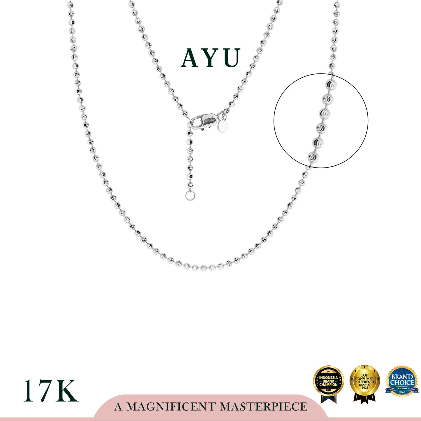 AYU Kalung Emas - Pepper Beads Chain Necklace 17k White Gold