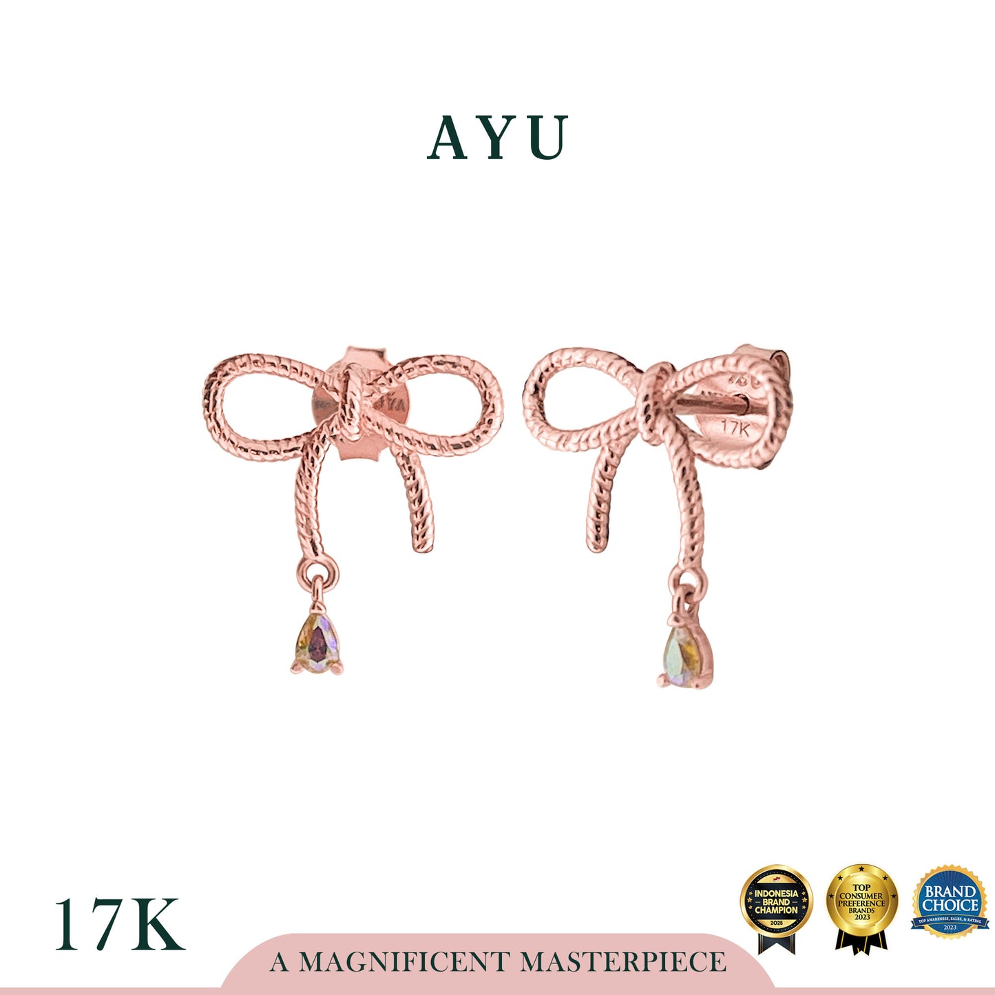 AYU Anting Emas - Twist Ribbon With Magical Teardrop Stud 17k Rose Gold