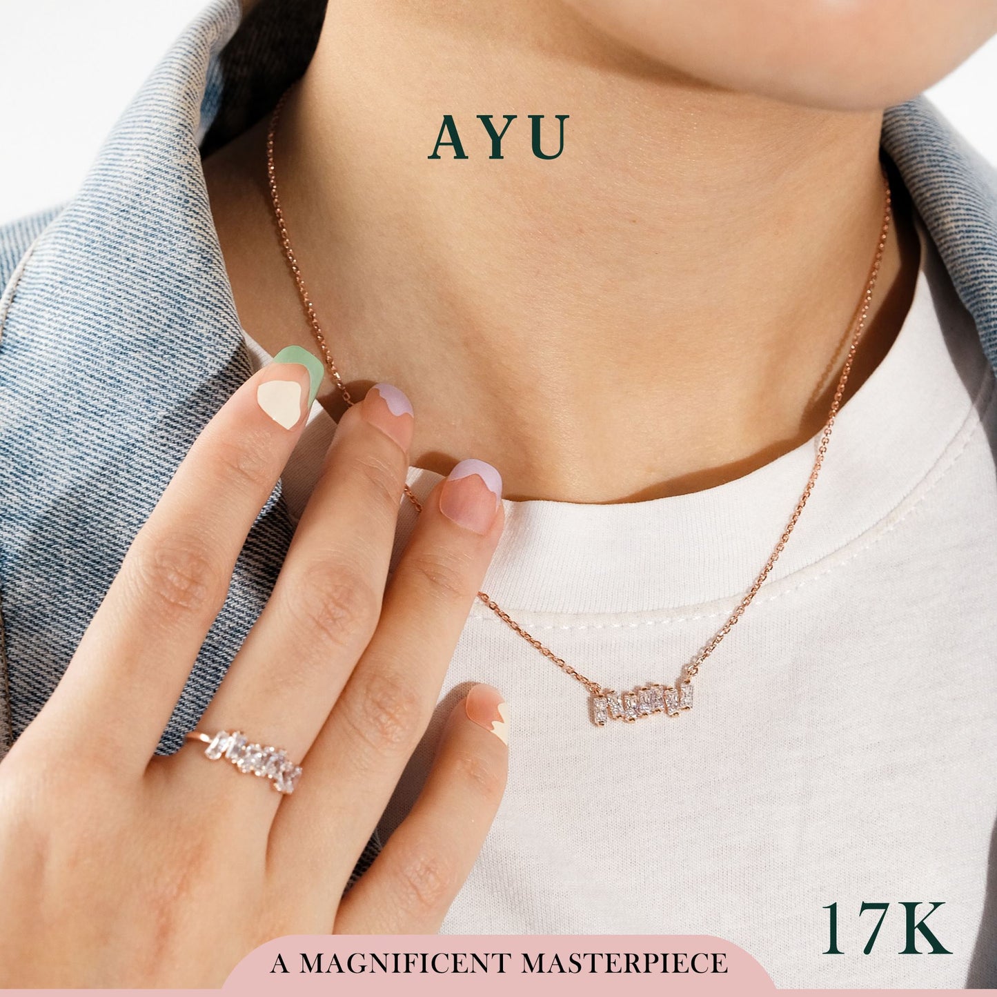 AYU Kalung Emas - 7 Zigzag Baguette Necklace 17k Rose Gold