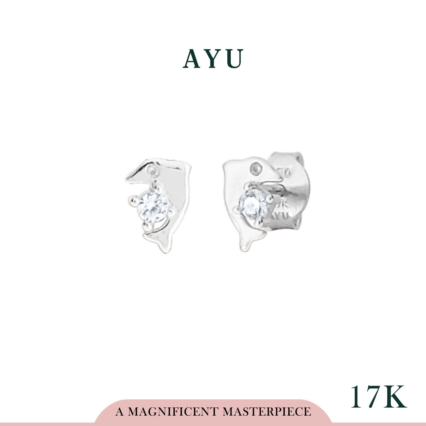 AYU Anting Emas Tindik - Dolphin With Mini Solitaire Studs 17K White Gold