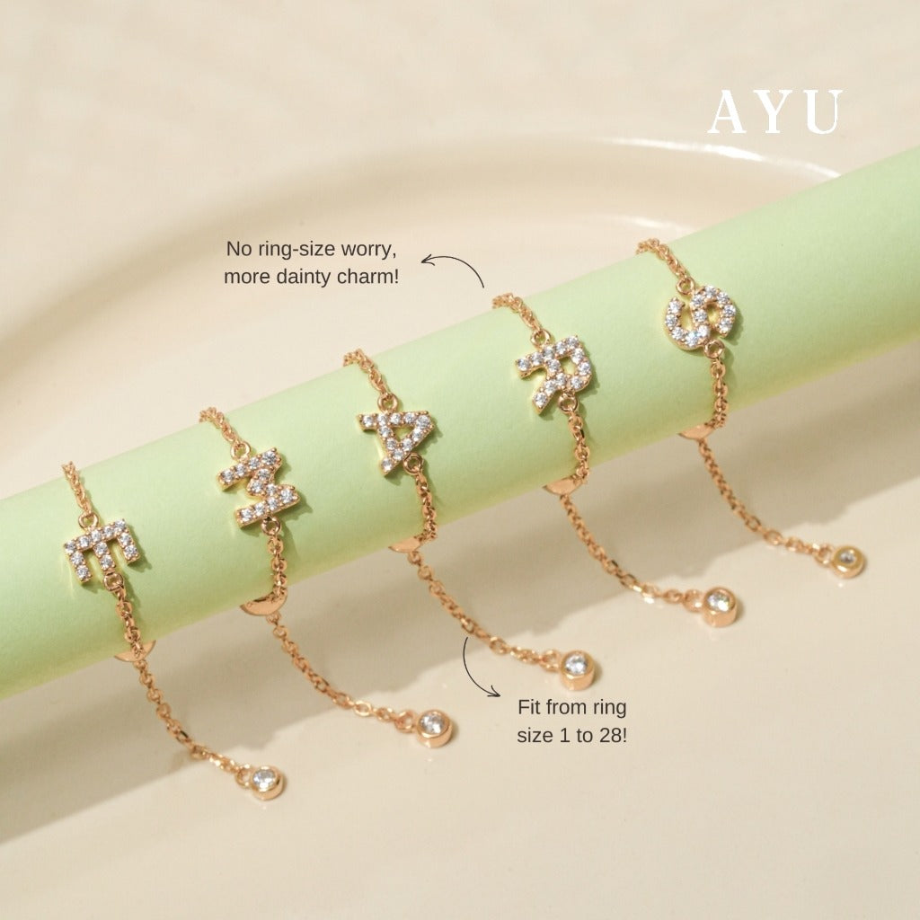 AYU Cincin Emas - Mini Pave Initial Adjustable Ring 16k Yellow Gold