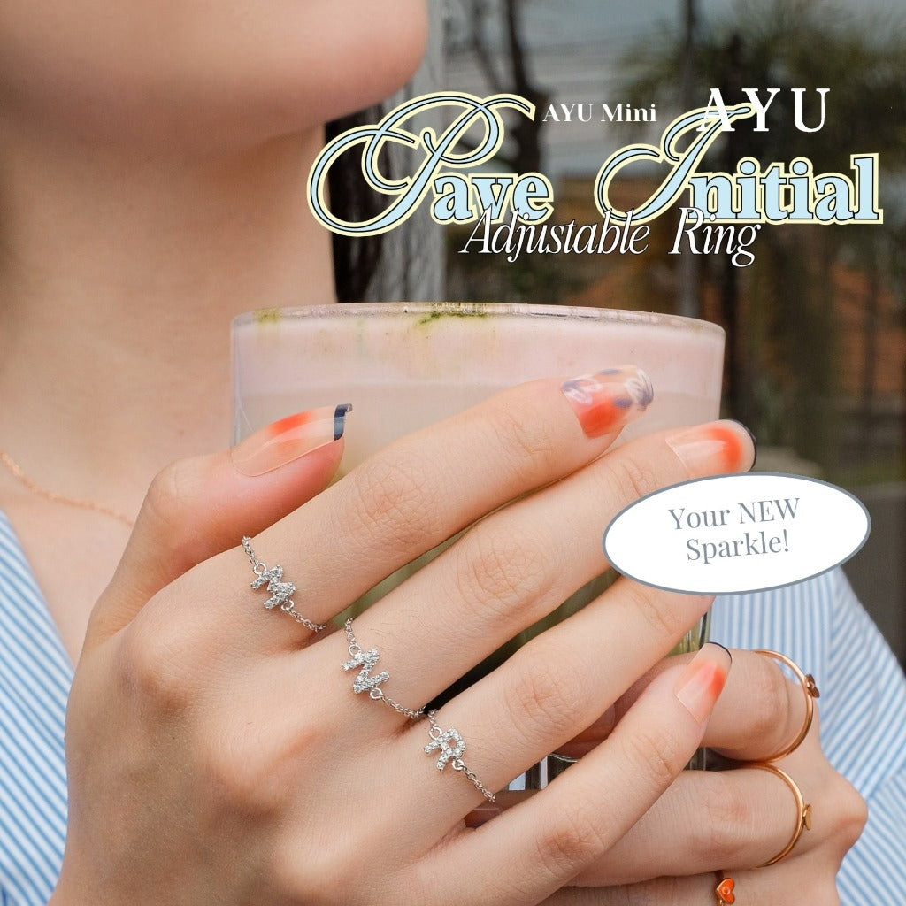 AYU Cincin Emas - Mini Pave Initial Adjustable Ring 17k White Gold