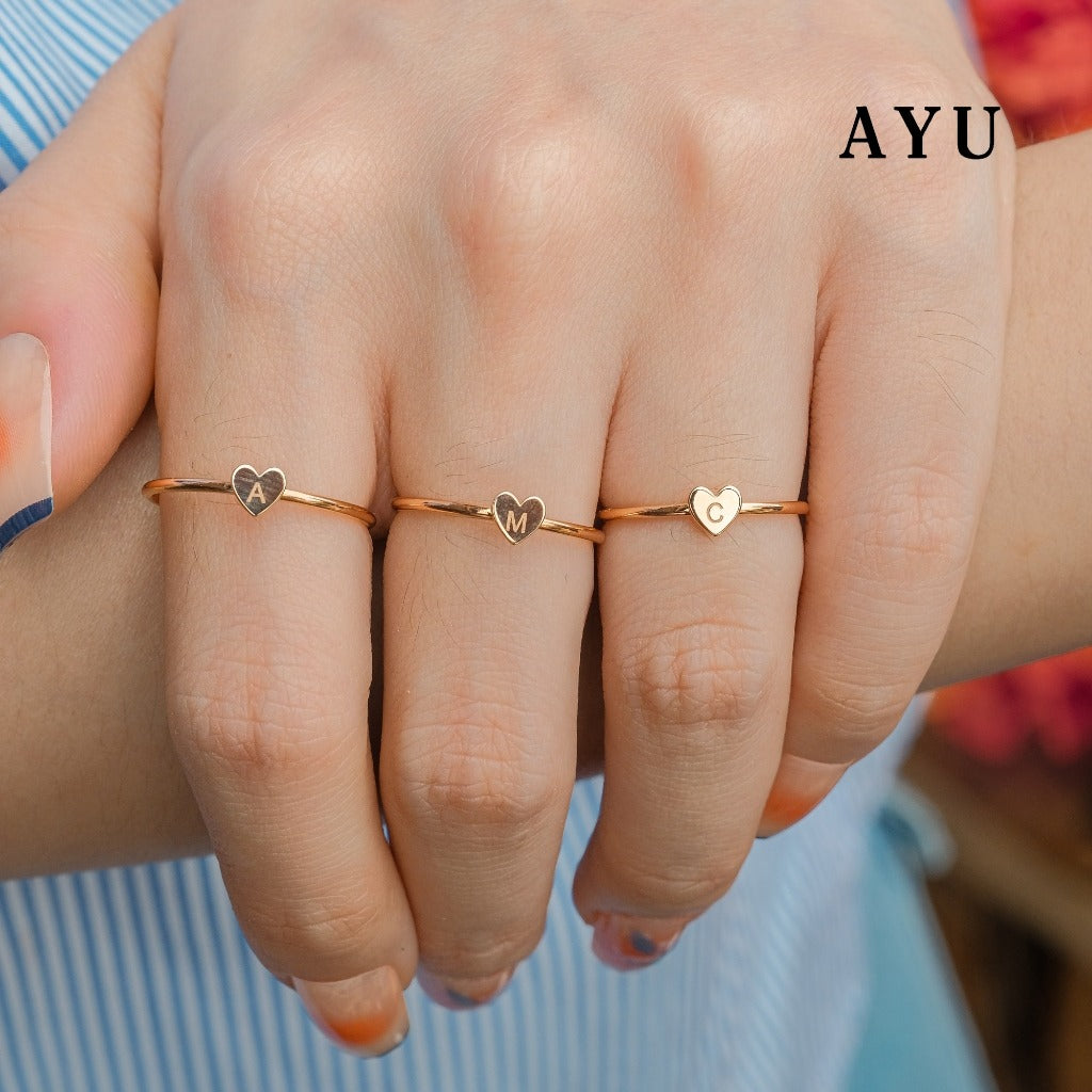AYU Cincin Emas - Gold Heart Initial Ring 16k Yellow Gold