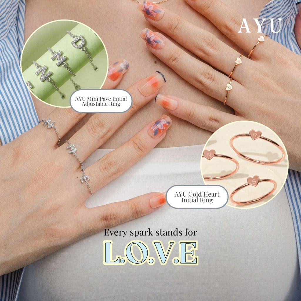 AYU Cincin Emas - Mini Pave Initial Adjustable Ring 17k White Gold